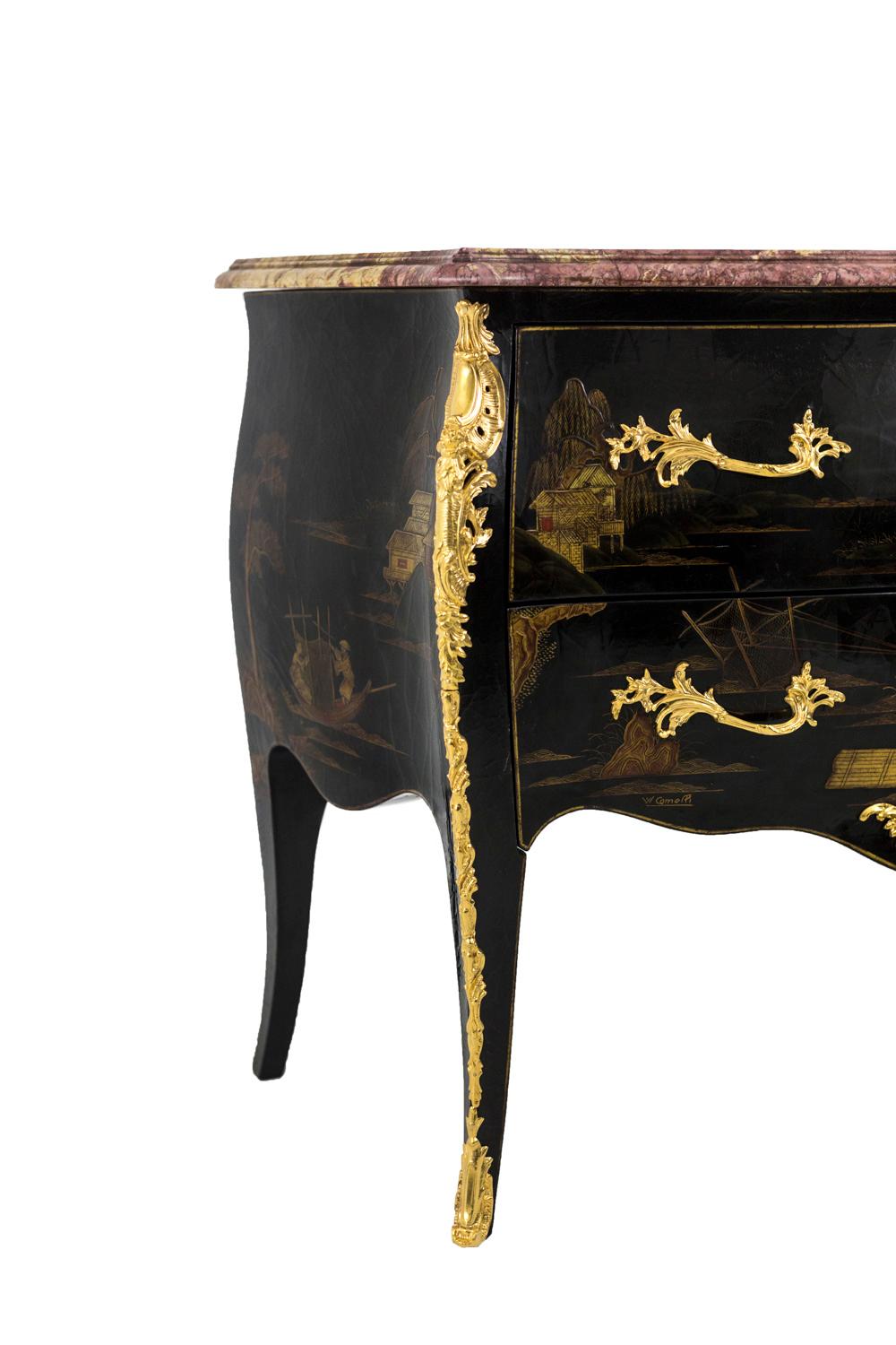 Gilt Comelli, Louis XV Style Commode, Chinese Style Lacquer, 1950s