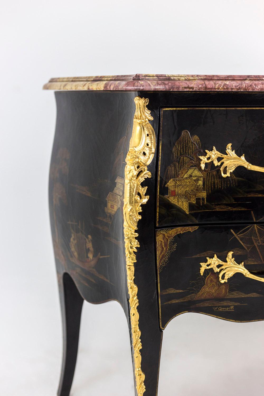 Comelli, Louis XV Style Commode, Chinese Style Lacquer, 1950s 1
