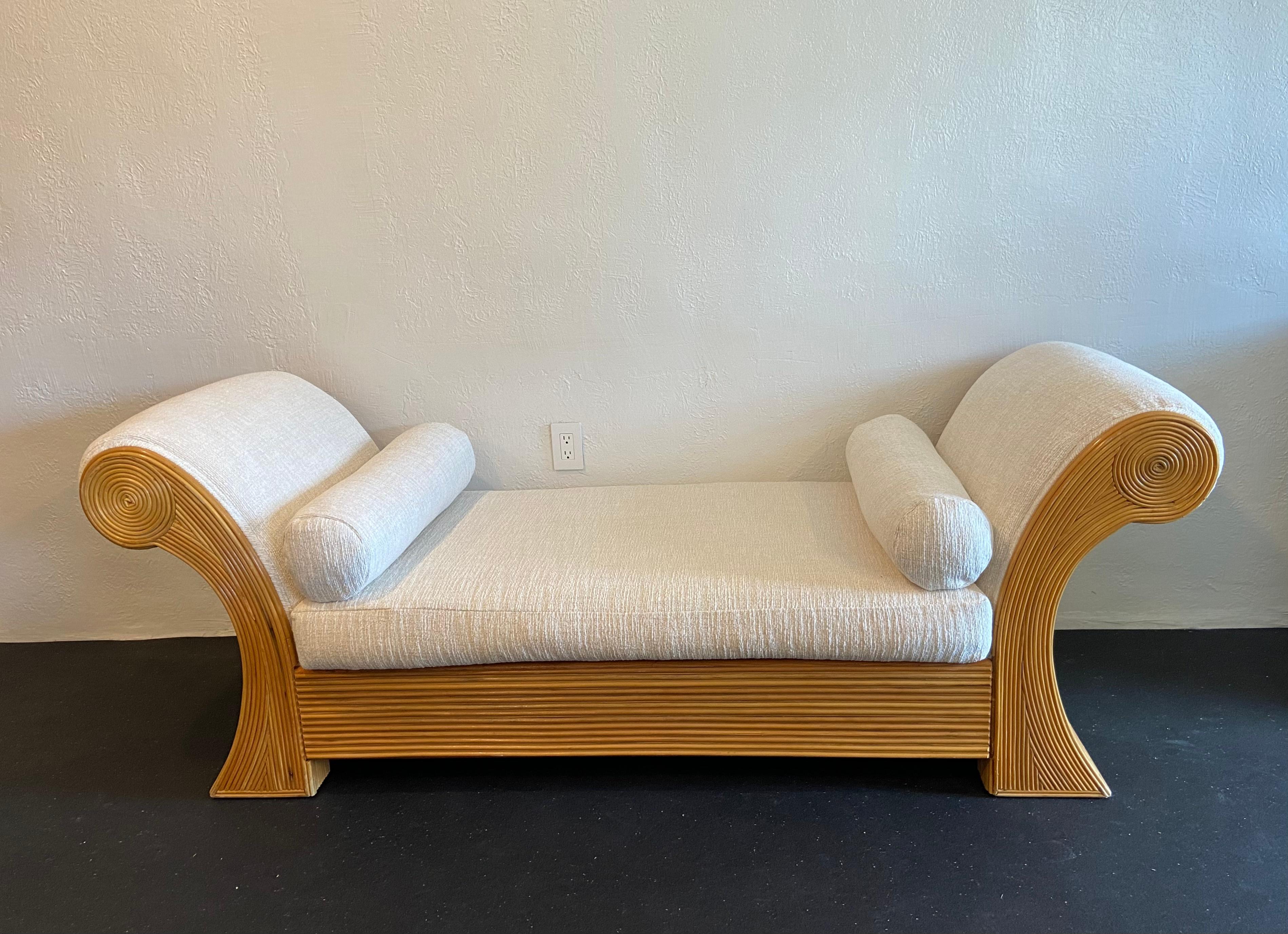 Rare Adrian Pearsall for Comfort Designs pencil reed daybed. The pencil reed is finished on both sides of the bed to allow for a floating application. Newly upholstered in a nubby chenille/cotton blend. 

Would work well in a variety of interiors