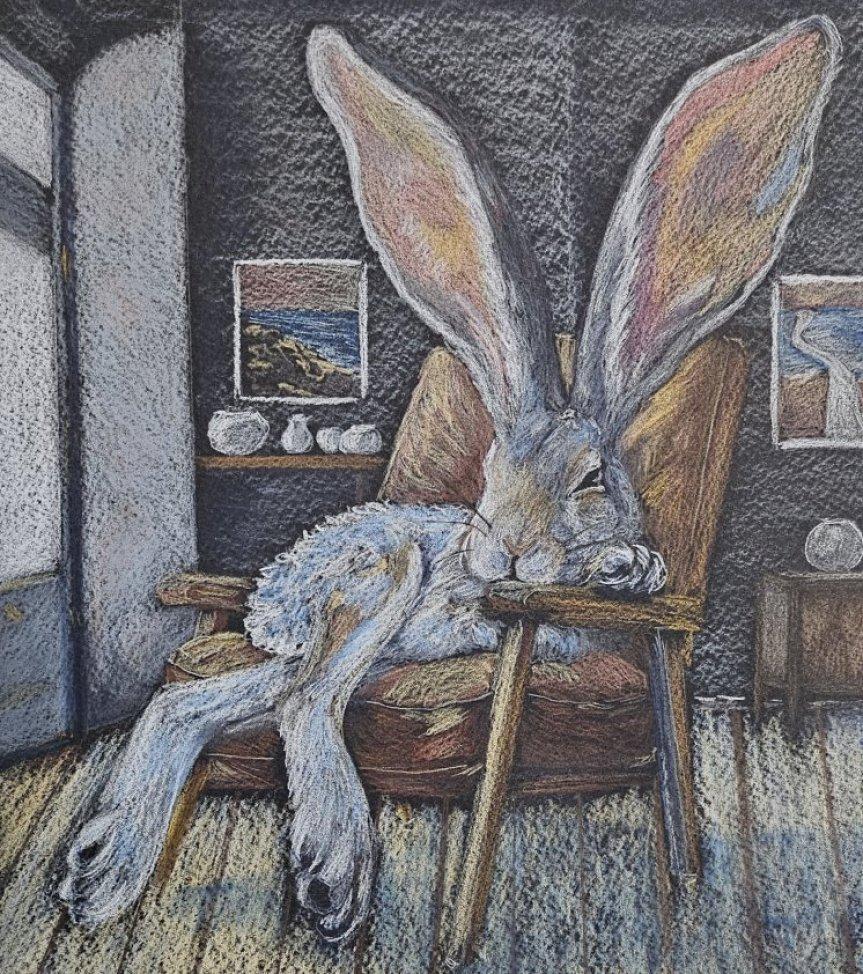 ART: Relaxing Hare Original Art Watercolor 
visit  BeFirstBoldy com
This is a relaxing watercolor pencil drawing on heavy cotton acid-free paper. It measures about 14 x 10 inches.
There is a signature on the bottom left front. Artist name /