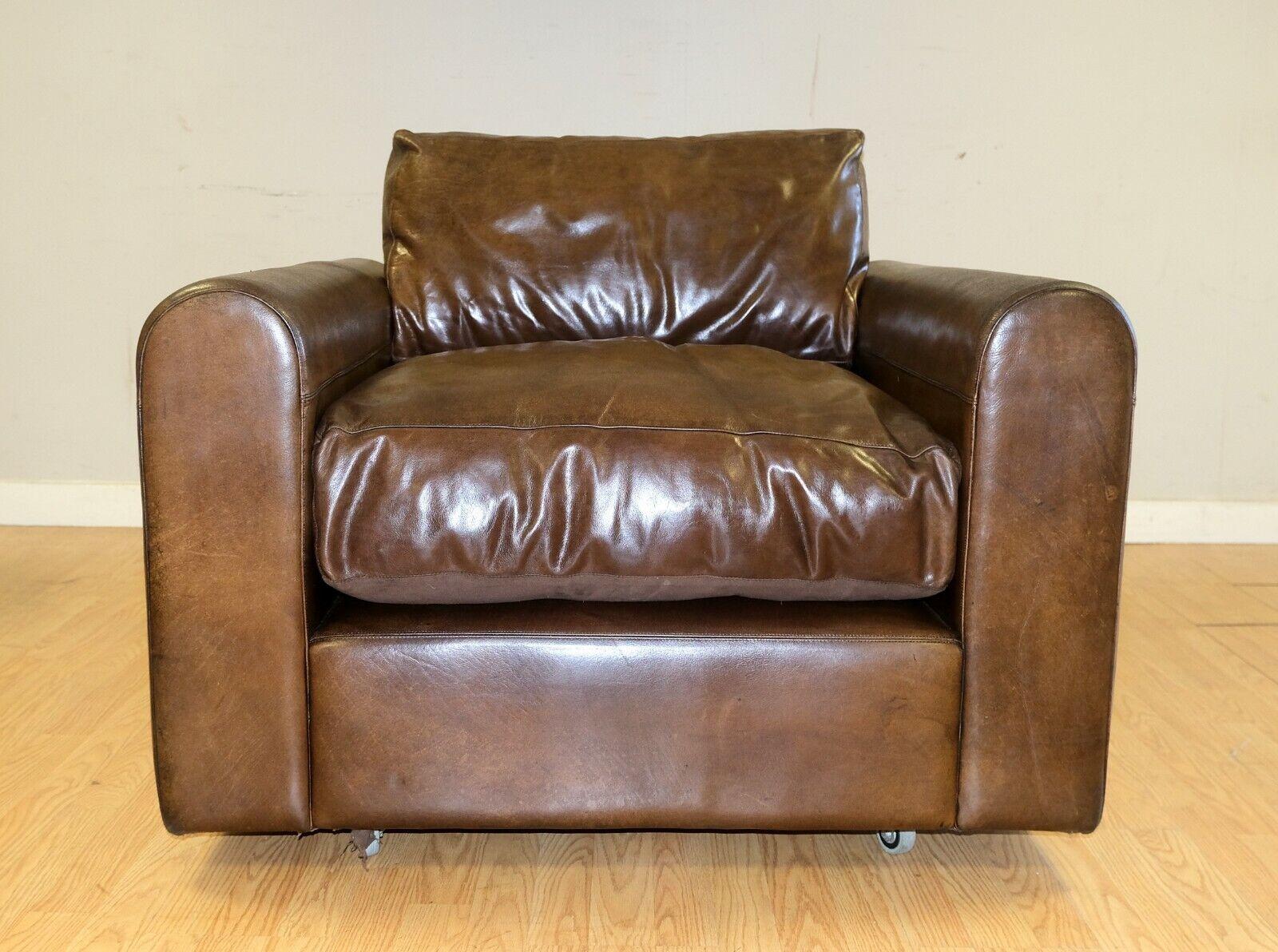 Art Deco COMFORTABLE ALMA HOME BROWN LEATHER ARMCHAIR WiTH FEATHER FILLED CUSHIONS