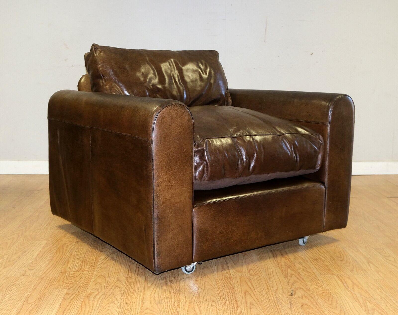 English COMFORTABLE ALMA HOME BROWN LEATHER ARMCHAIR WiTH FEATHER FILLED CUSHIONS