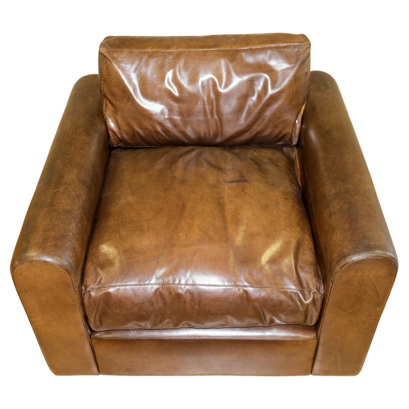 KOMFORTABEL ALMA HOME BROWN LEATHER ARMCHAIR WiTH FEATHER FILLED CUSHIONS