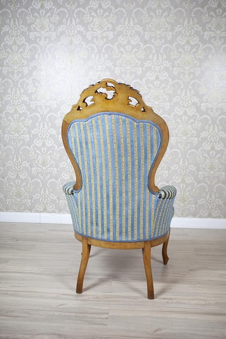 European Comfortable Walnut Armchair from the Late 19th Century in Light Blue Upholstery For Sale