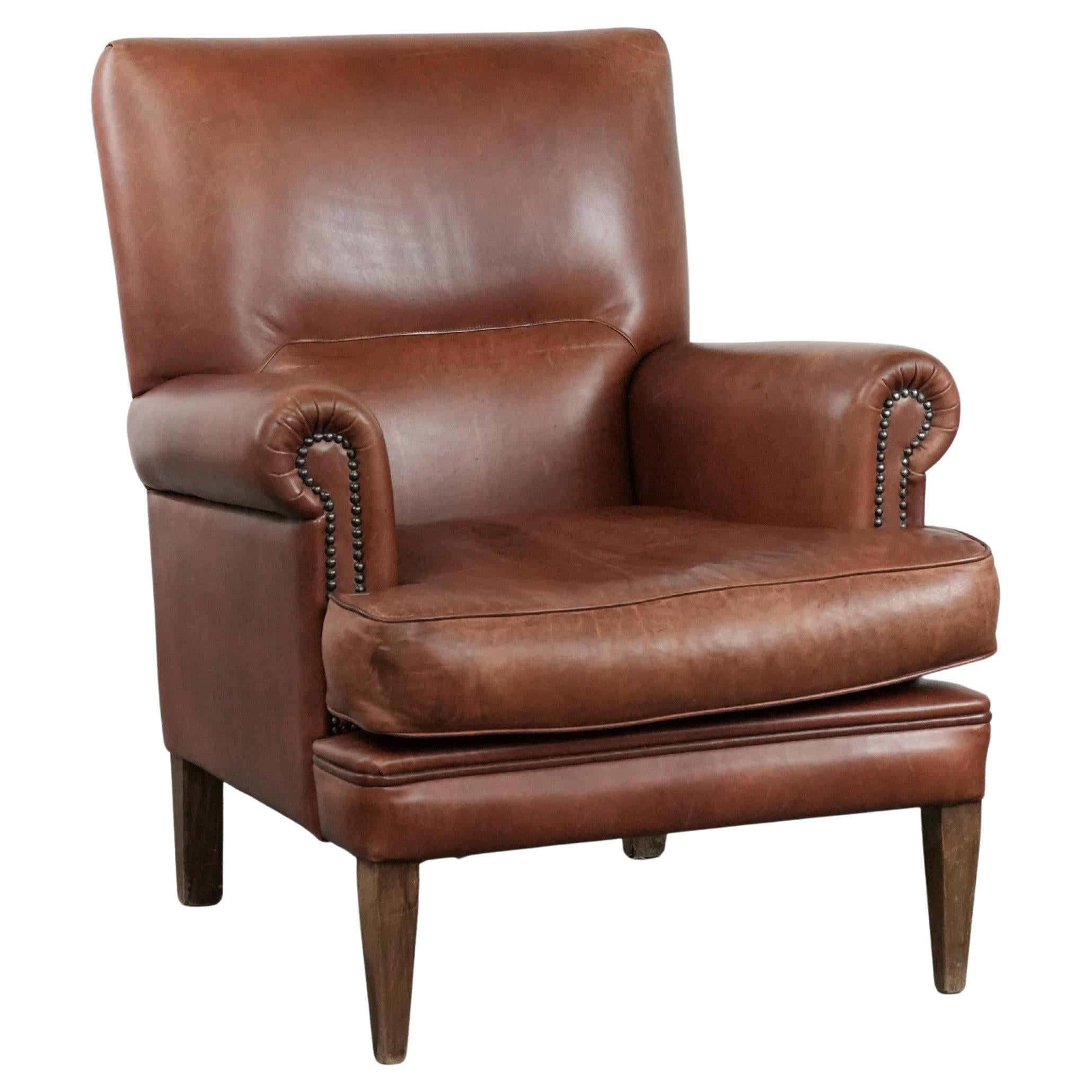Comfortable Armchair Made of Cognac-Coloured Cow Leather in English Style