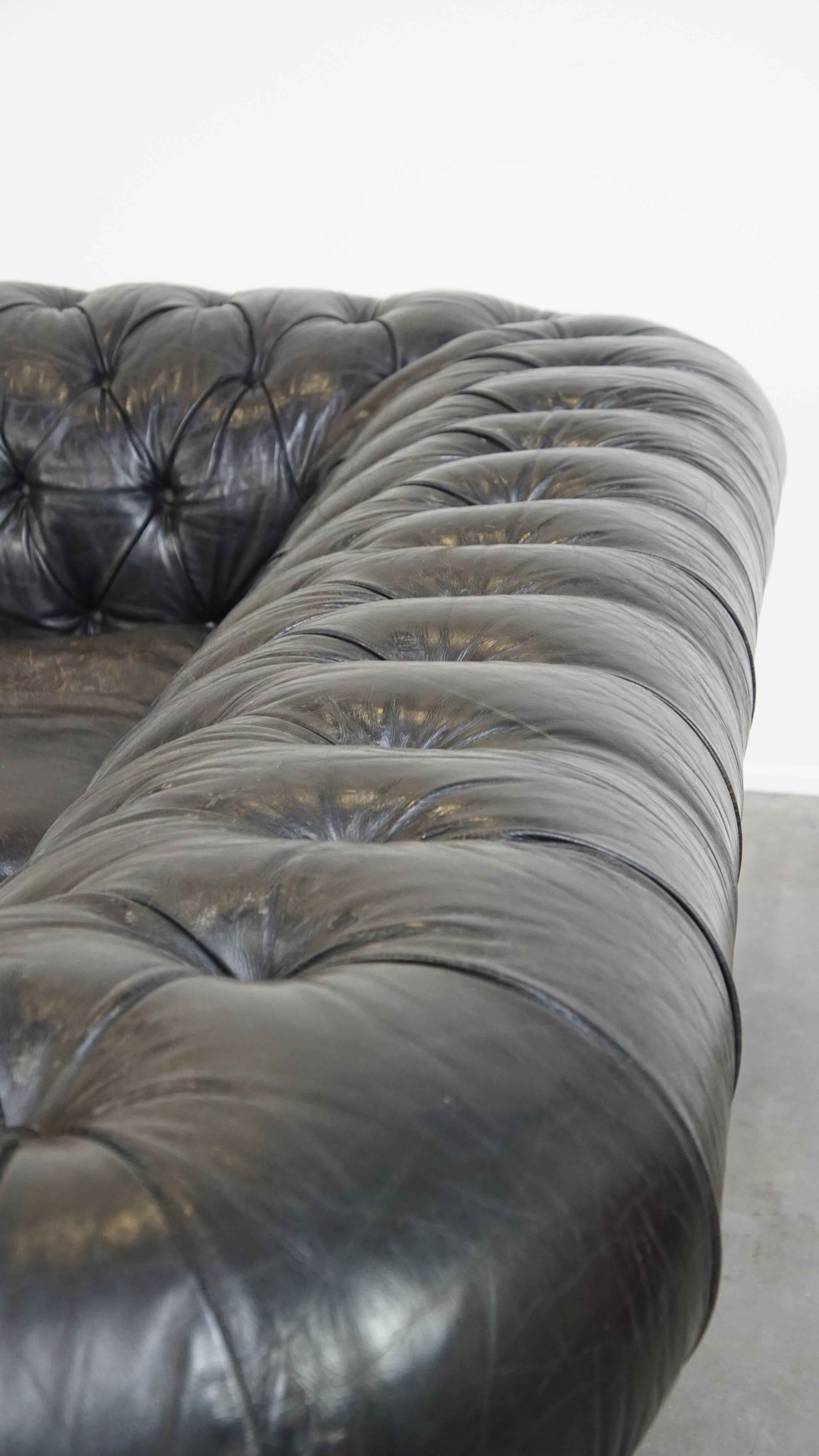 Comfortable Chesterfield 2,5-Sitzer-Sofa aus schwarzem Rindsleder im Angebot 10