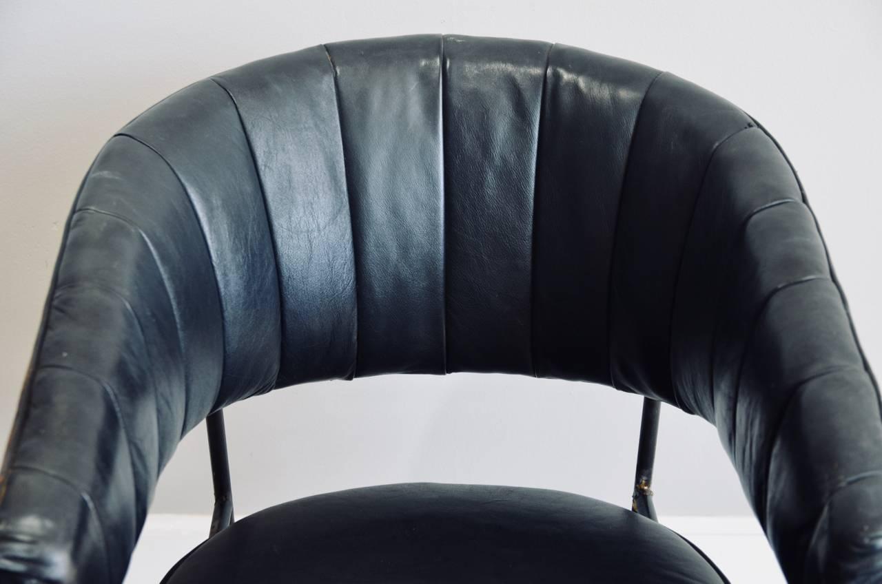 Painted Comfortable Black Leather Croissant Armchair in the Style of Jacques Adnet