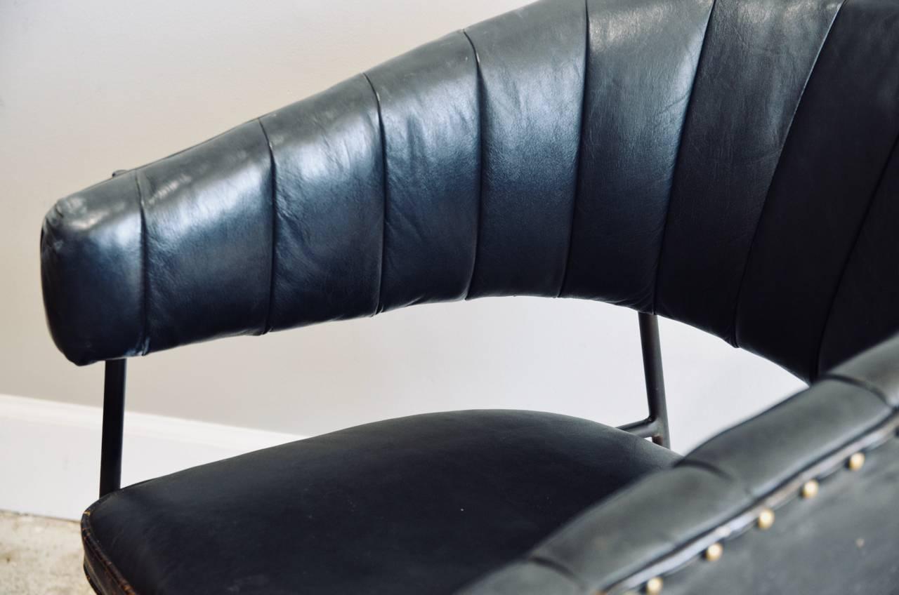 Comfortable Black Leather Croissant Armchair in the Style of Jacques Adnet In Good Condition In Los Angeles, CA