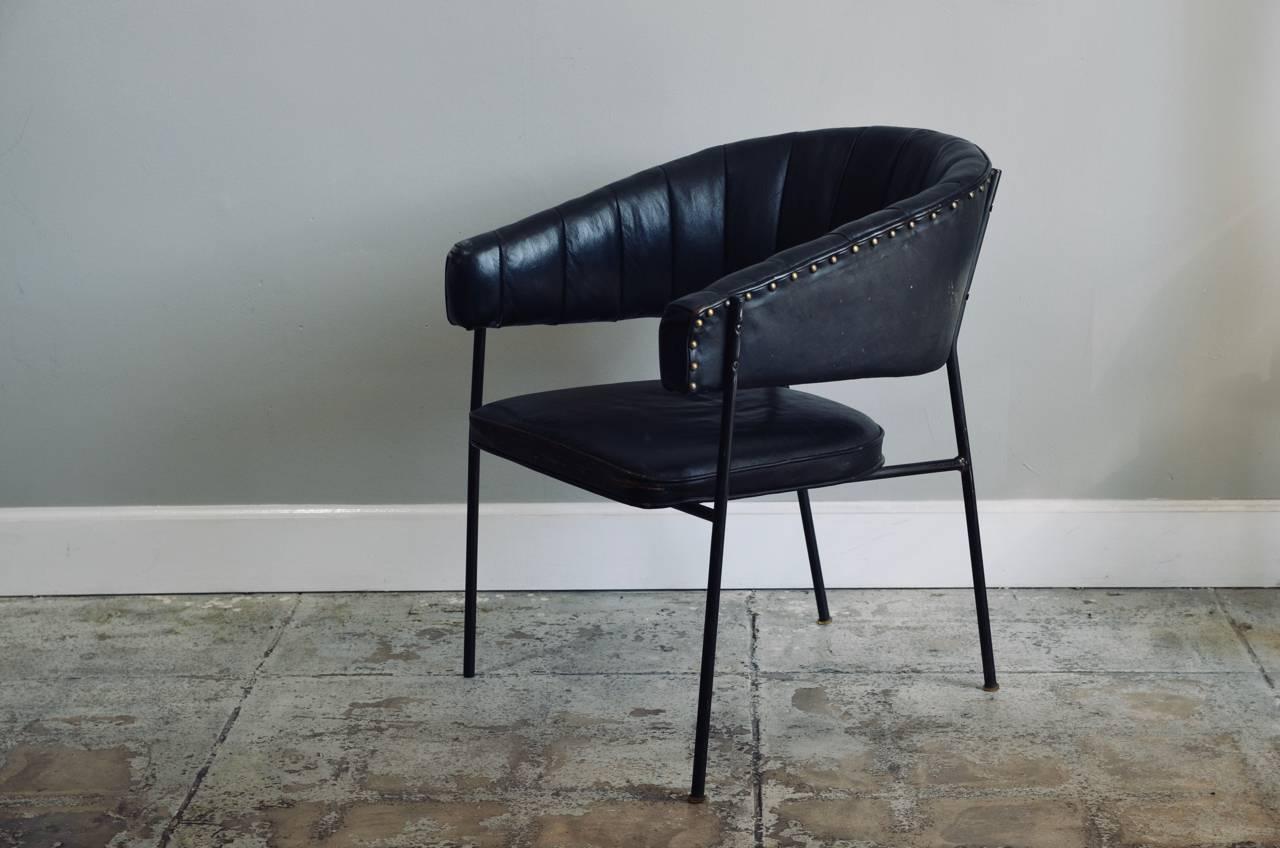 Steel Comfortable Black Leather Croissant Armchair in the Style of Jacques Adnet