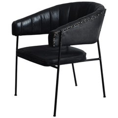 Comfortable Black Leather Croissant Armchair in the Style of Jacques Adnet