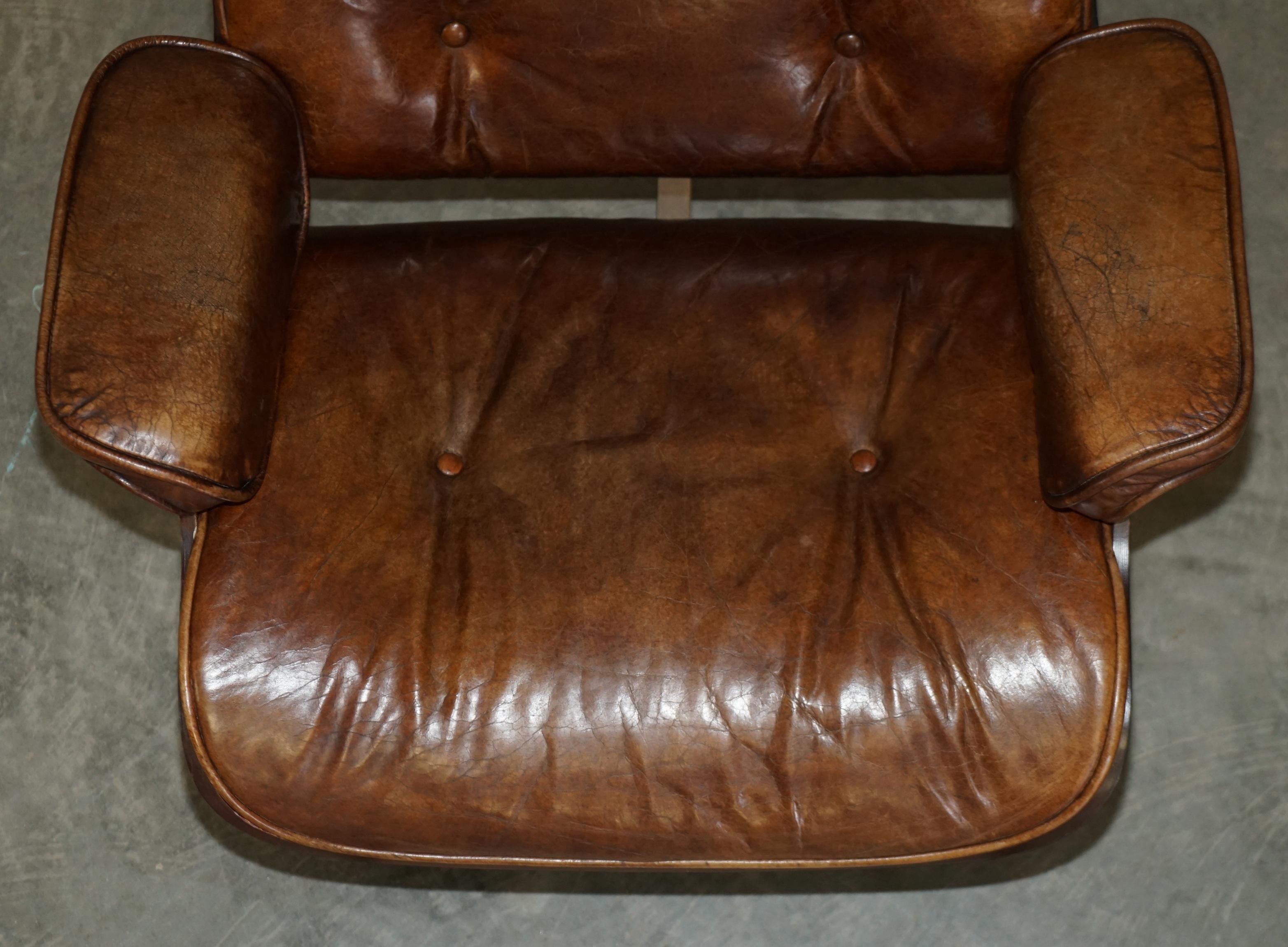 Comfortable Brown Leather Lounge Armchair & Ottoman with Teak Bentwood Frame 6