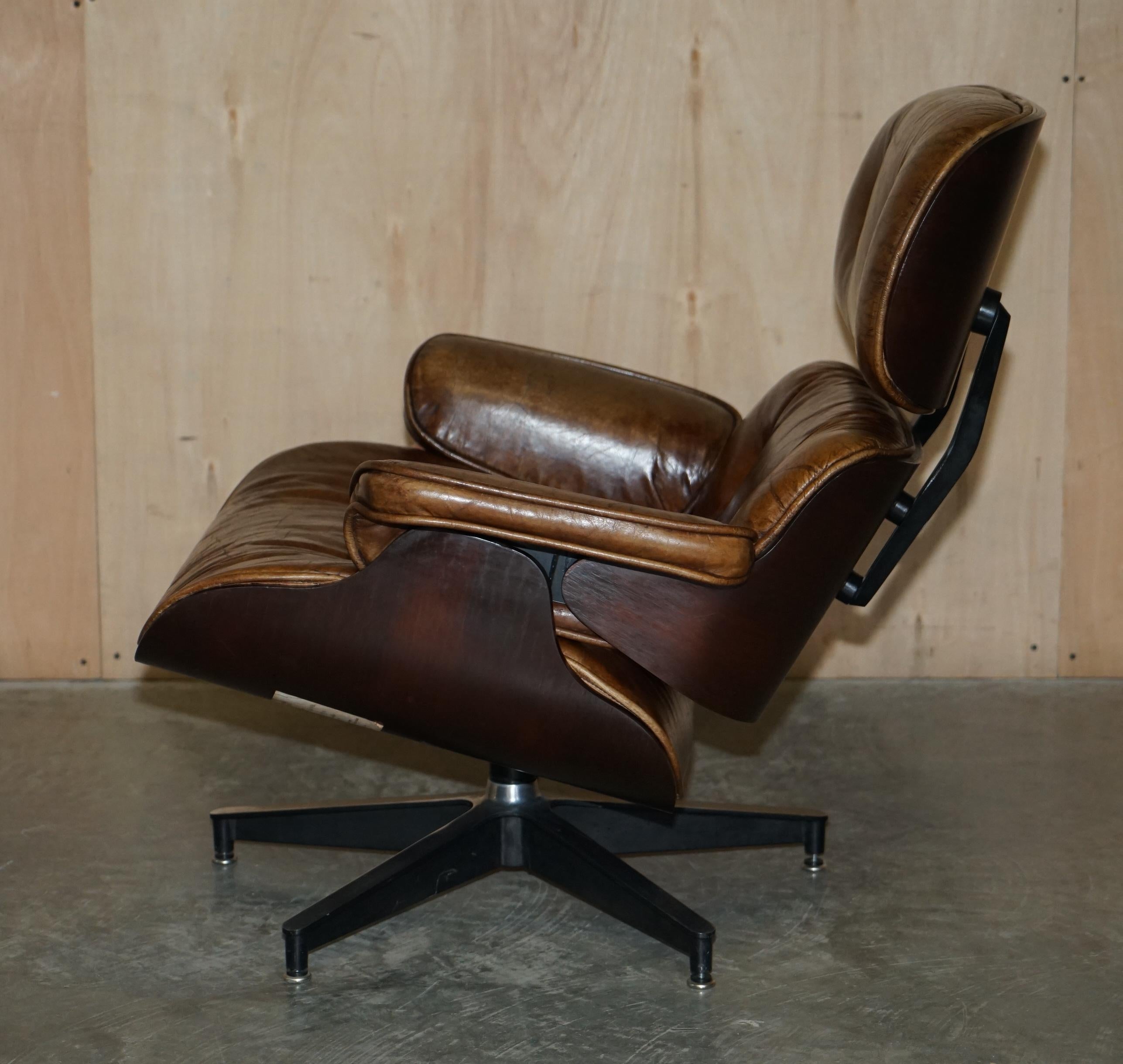 Comfortable Brown Leather Lounge Armchair & Ottoman with Teak Bentwood Frame 9