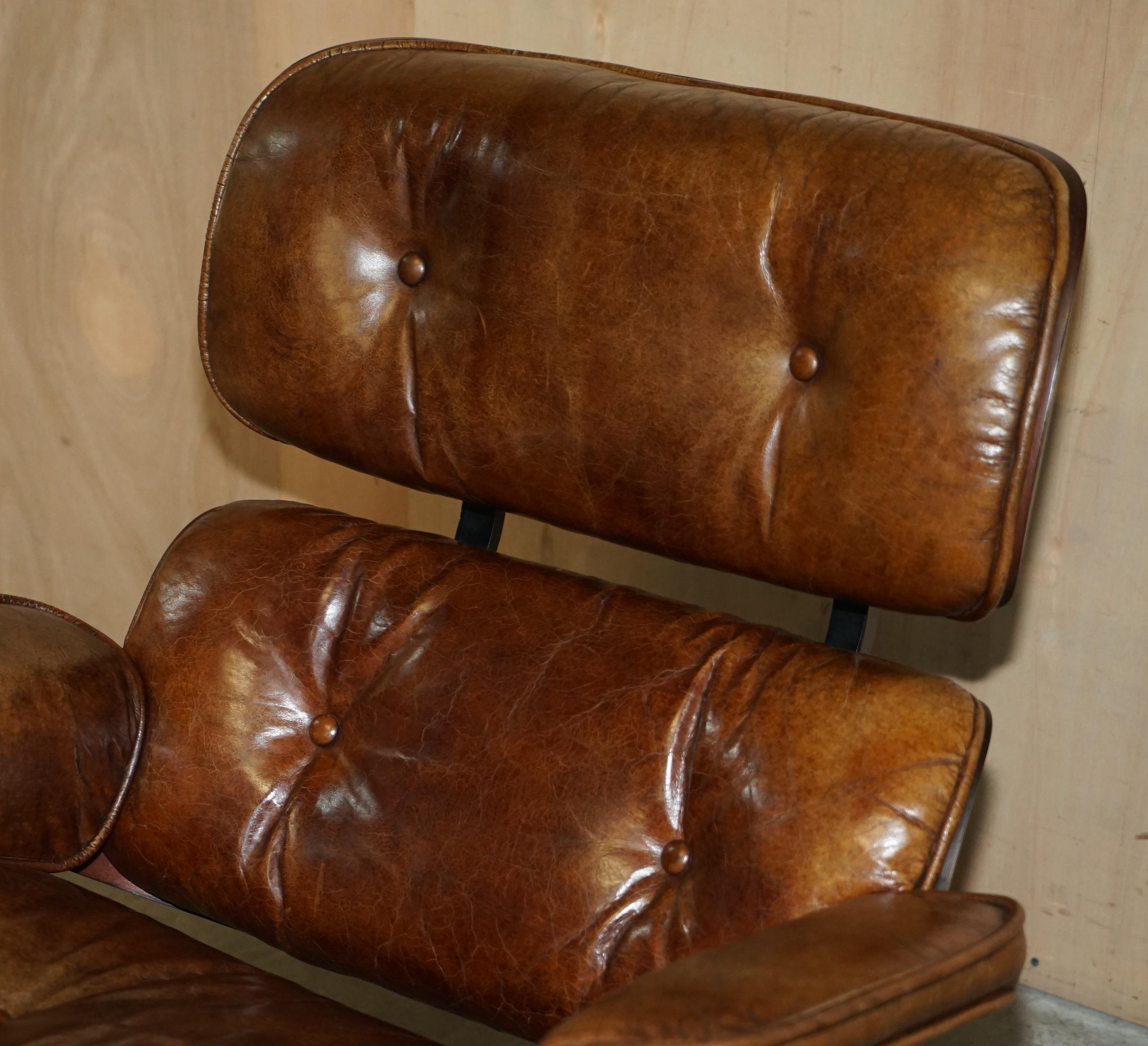 English Comfortable Brown Leather Lounge Armchair & Ottoman with Teak Bentwood Frame