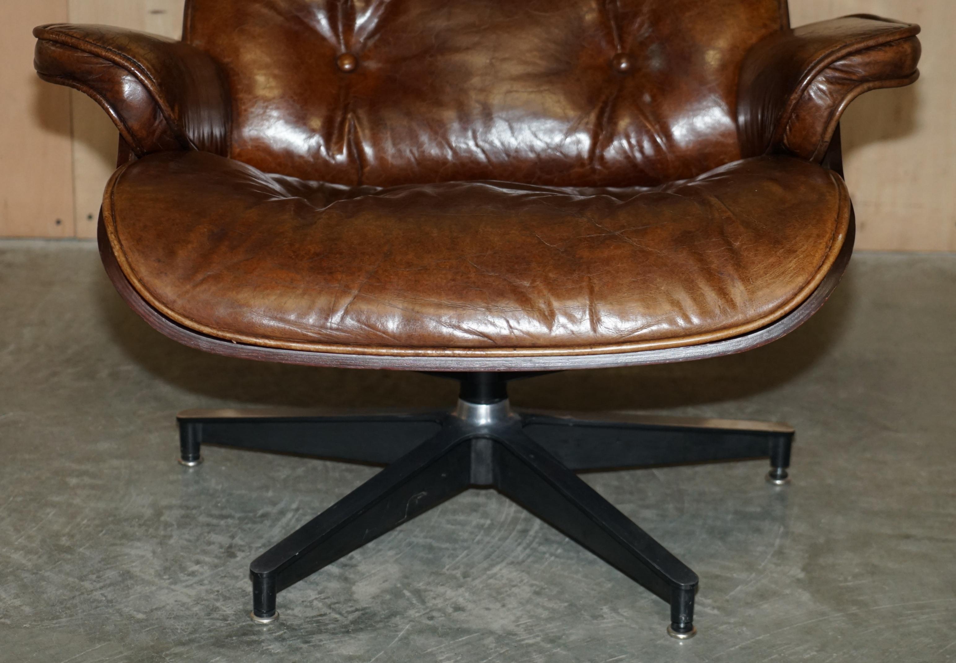 Hand-Crafted Comfortable Brown Leather Lounge Armchair & Ottoman with Teak Bentwood Frame