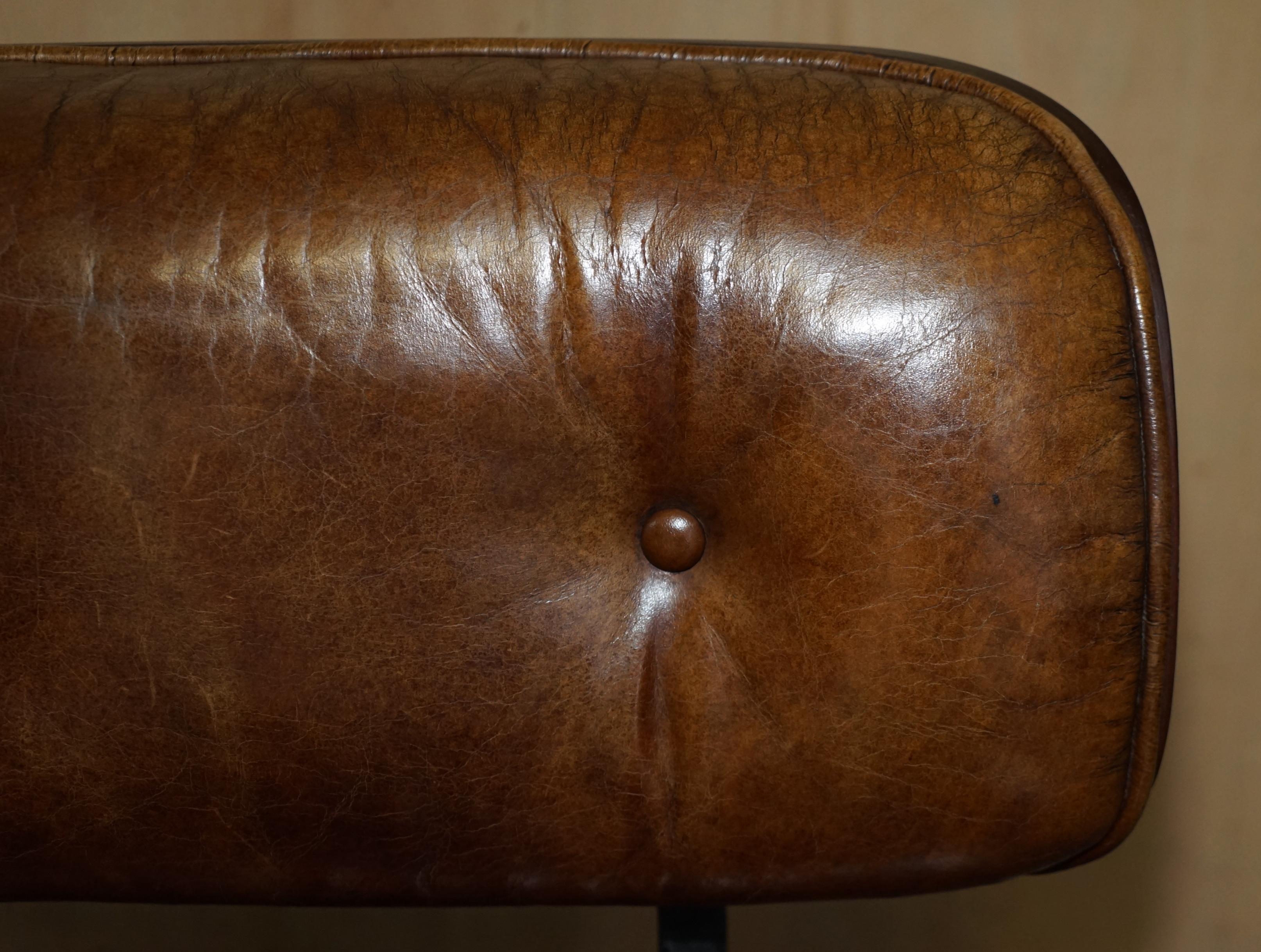 20th Century Comfortable Brown Leather Lounge Armchair & Ottoman with Teak Bentwood Frame