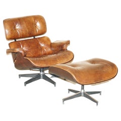 Comfortable Brown Leather Lounge Armchair & Ottoman with Teak Bentwood Frame