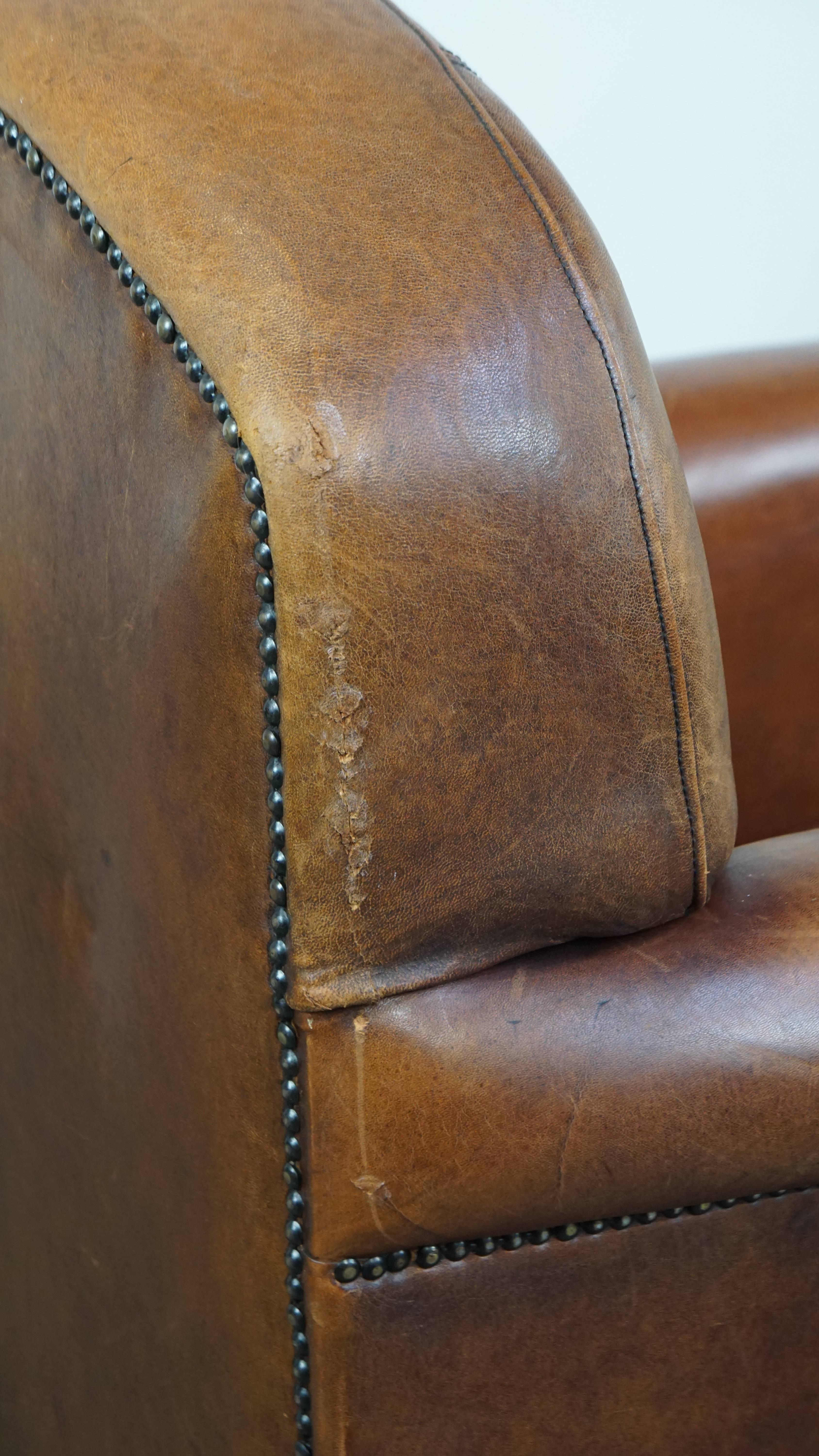 Comfortable Characteristic Sheepskin Leather Armchair with a Stunning Patina For Sale 3
