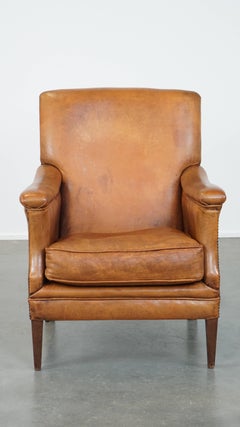 Comfortable Cognac-Colored Sheepskin Leather Armchair with Straight Lines