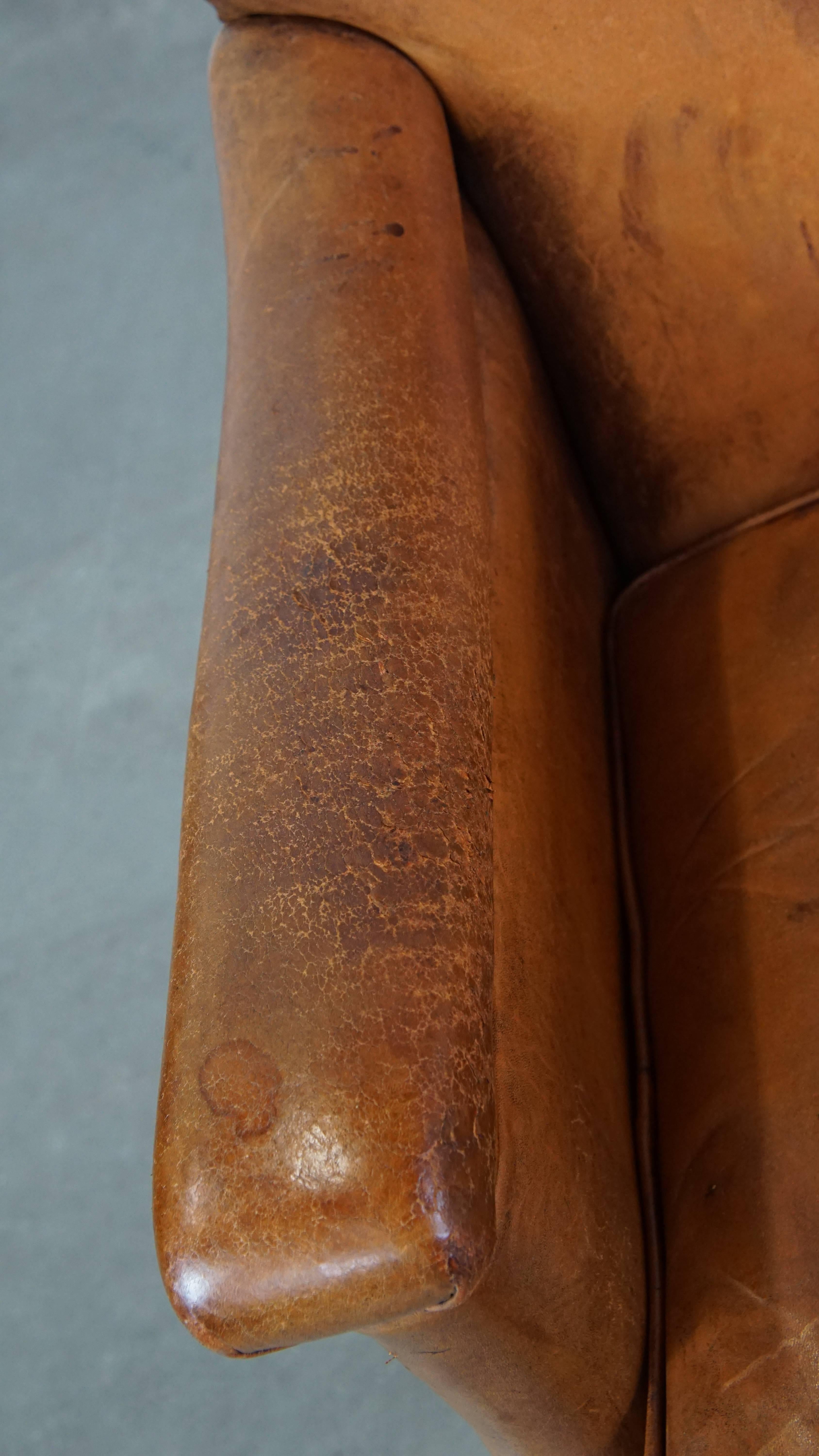 Comfortable Cognac-Colored Sheepskin Leather Armchair with Straight Lines For Sale 1