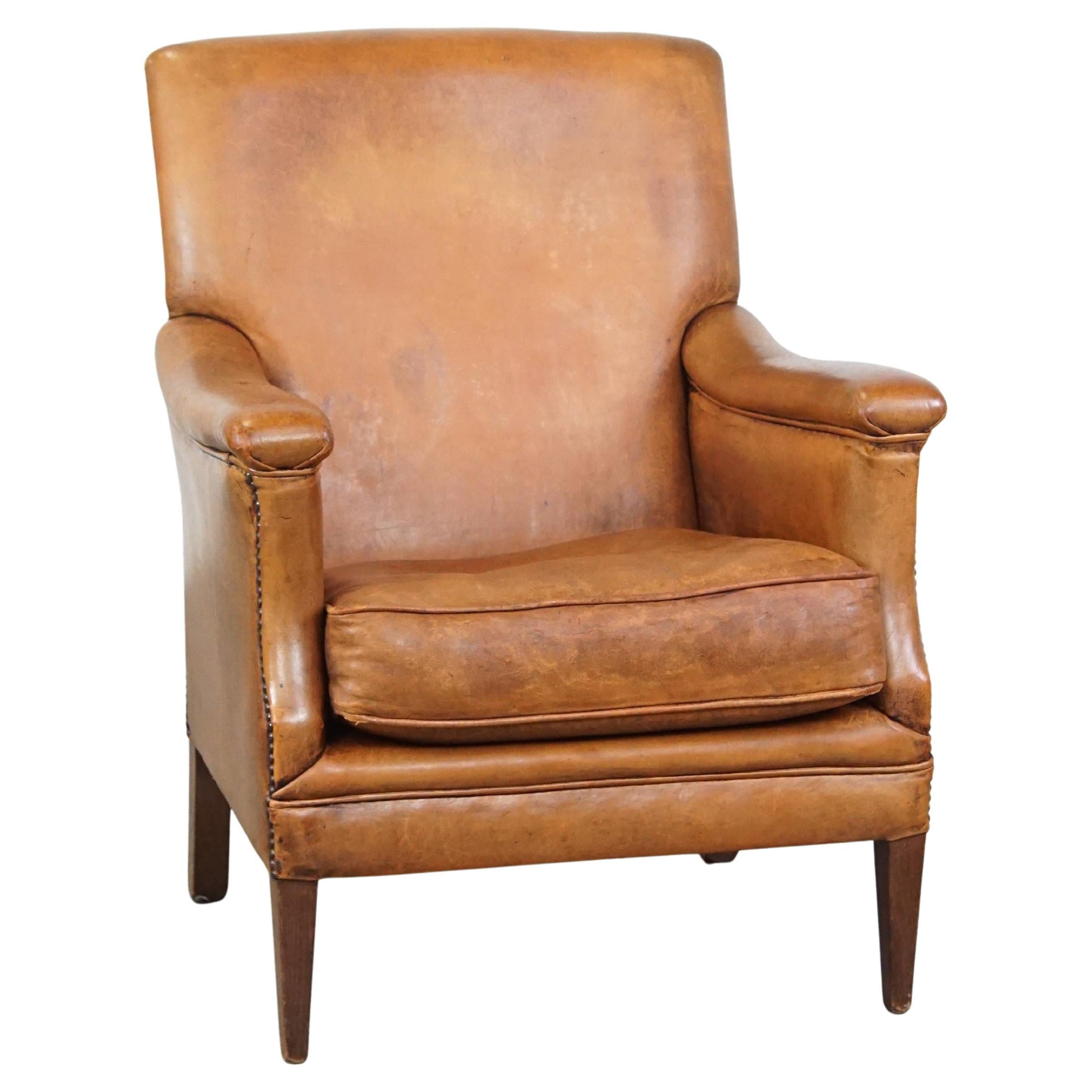 Comfortable Cognac-Colored Sheepskin Leather Armchair with Straight Lines For Sale
