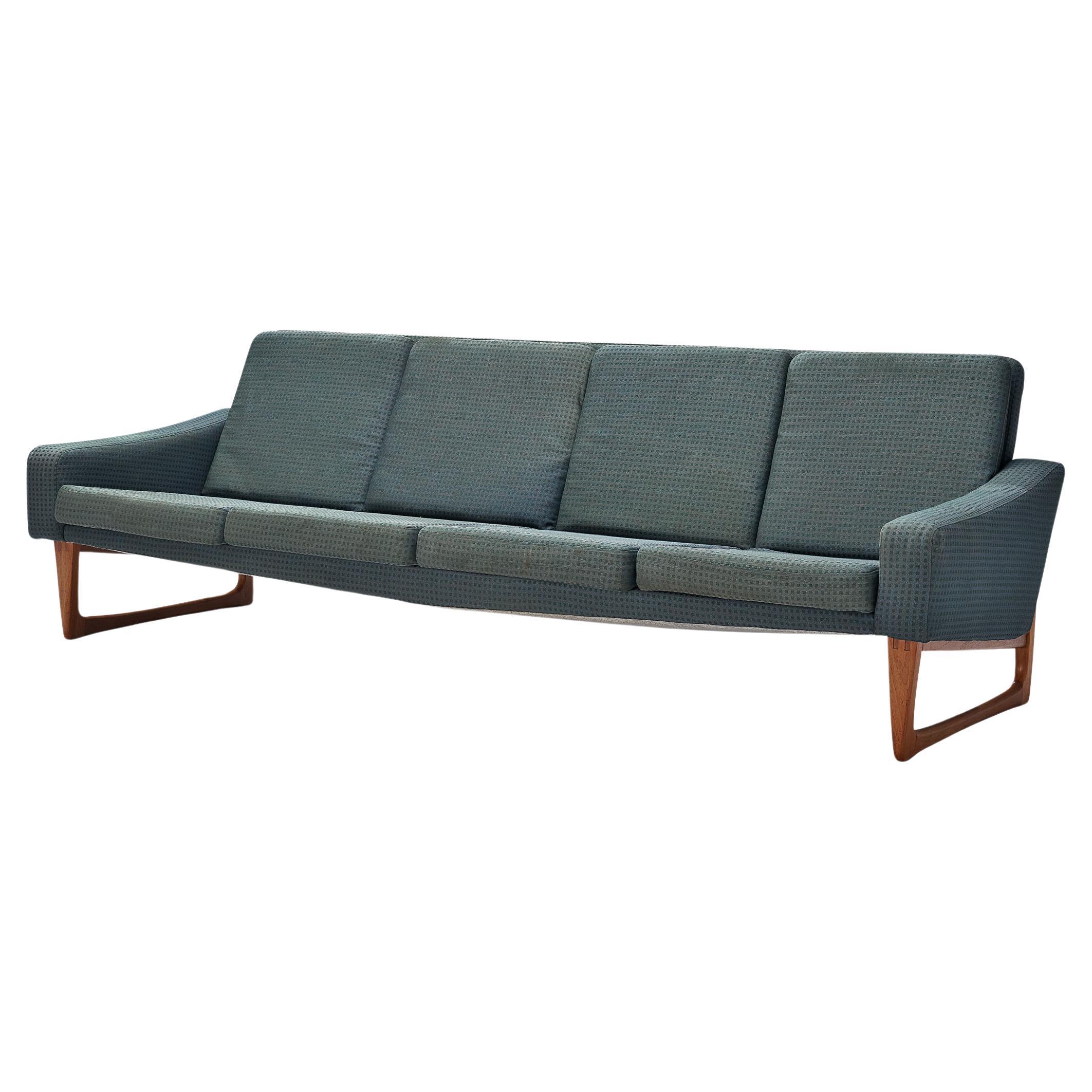 Comfortable Four Seat Sofa in Teak and Blue Upholstery  For Sale