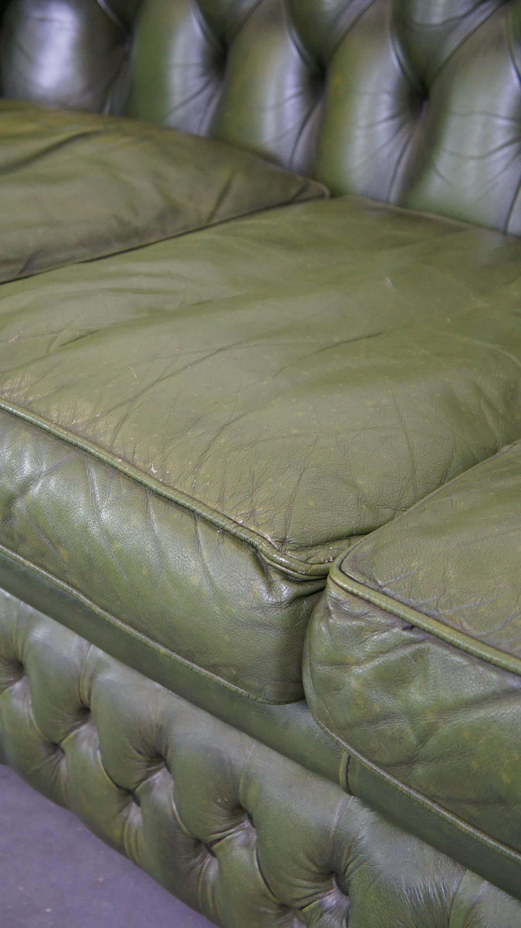 Comfortable, green, cowhide leather spacious 3-seater English Chesterfield sofa 7
