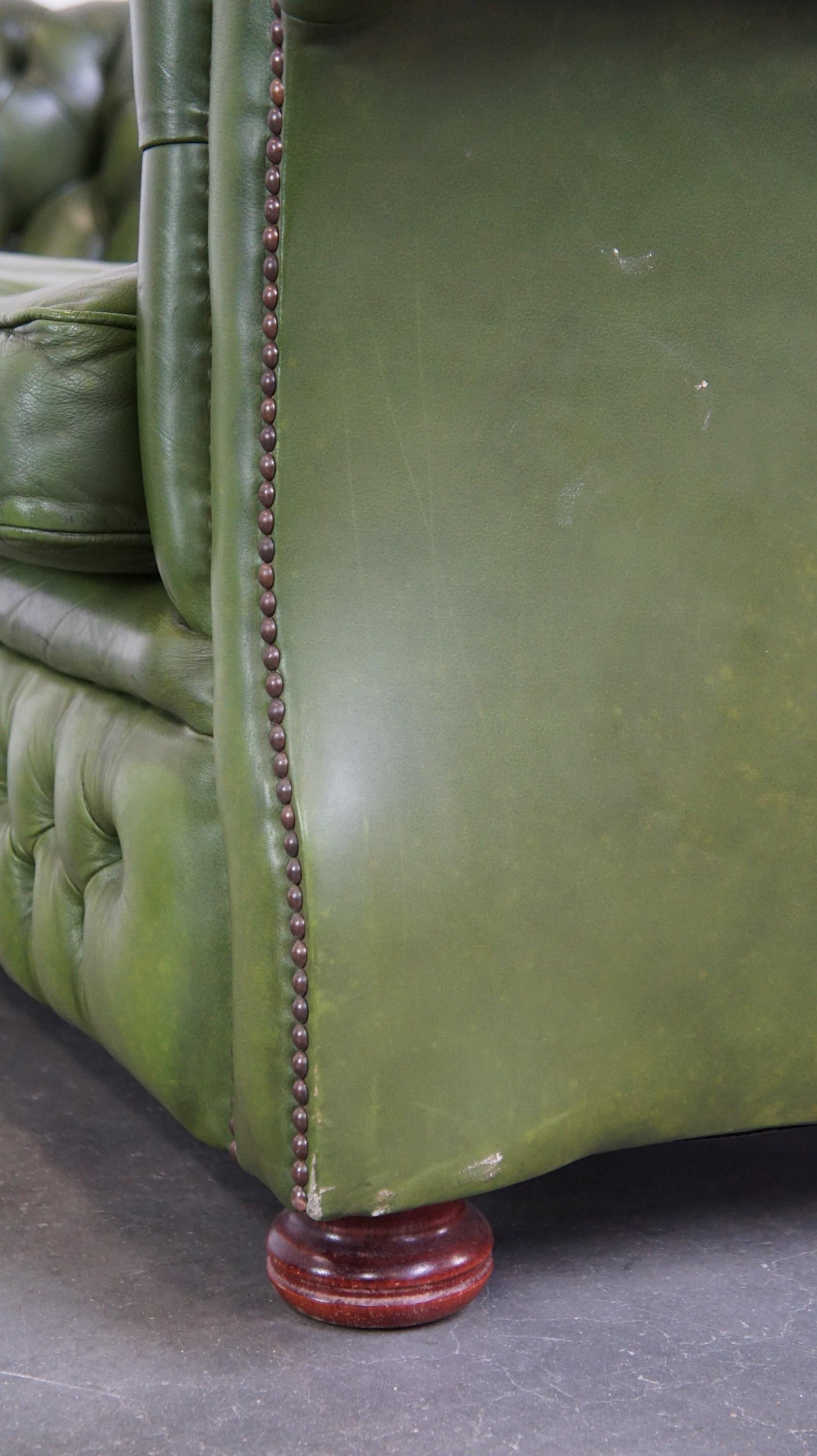 Comfortable, green, cowhide leather spacious 3-seater English Chesterfield sofa 10