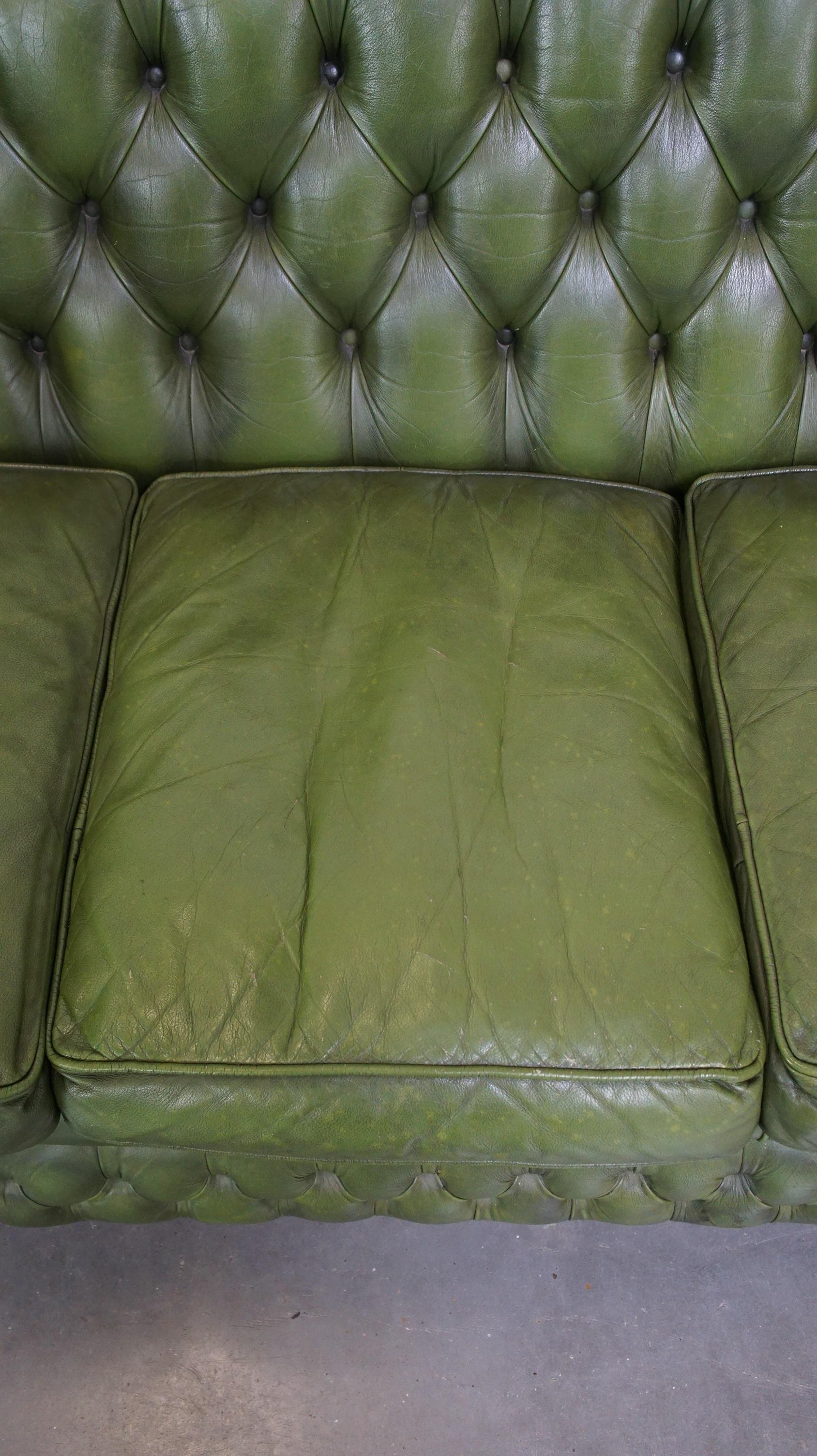 Cowhide Comfortable, green, cowhide leather spacious 3-seater English Chesterfield sofa