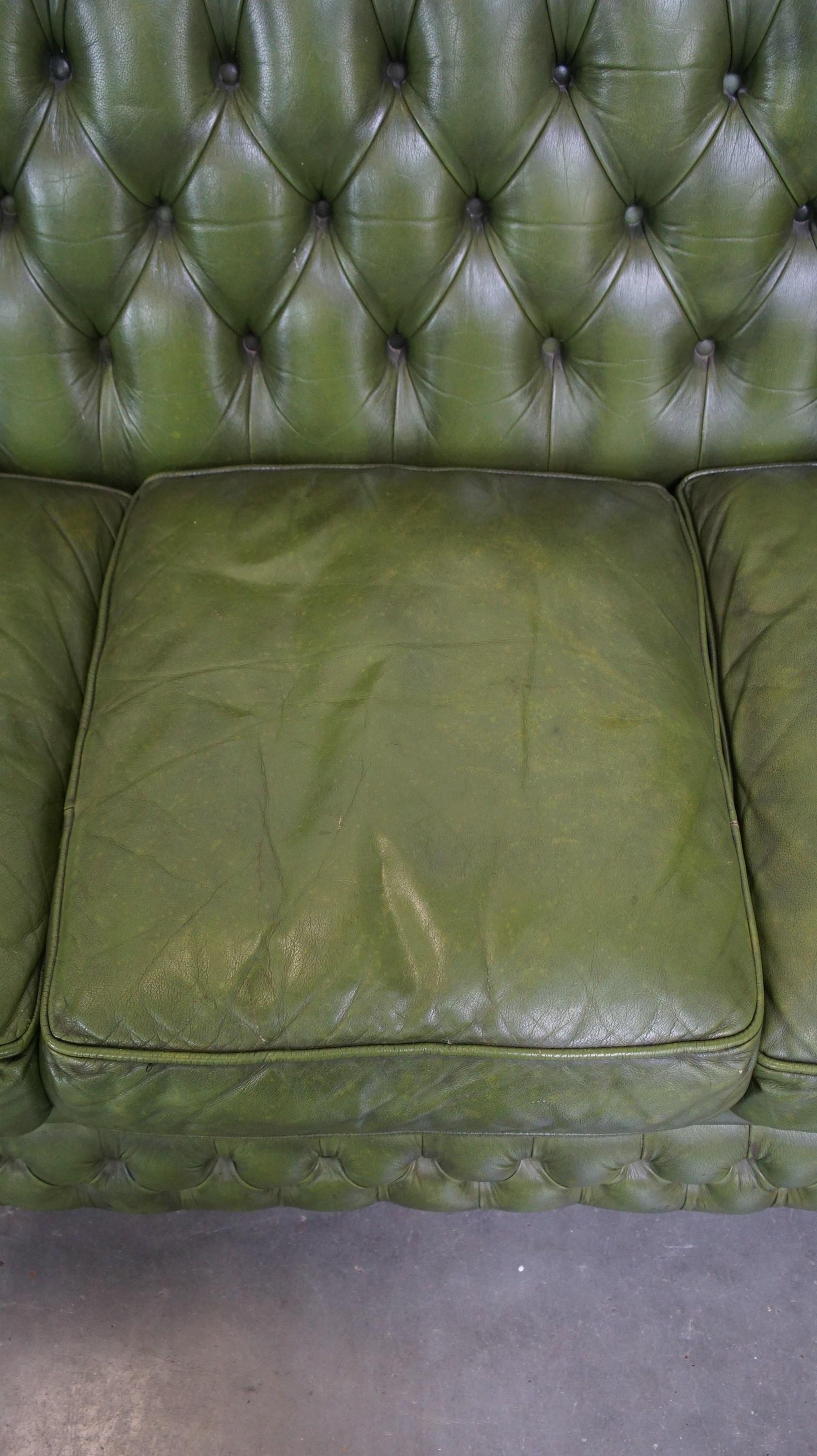 Comfortable, green, cowhide leather spacious 3-seater English Chesterfield sofa 1