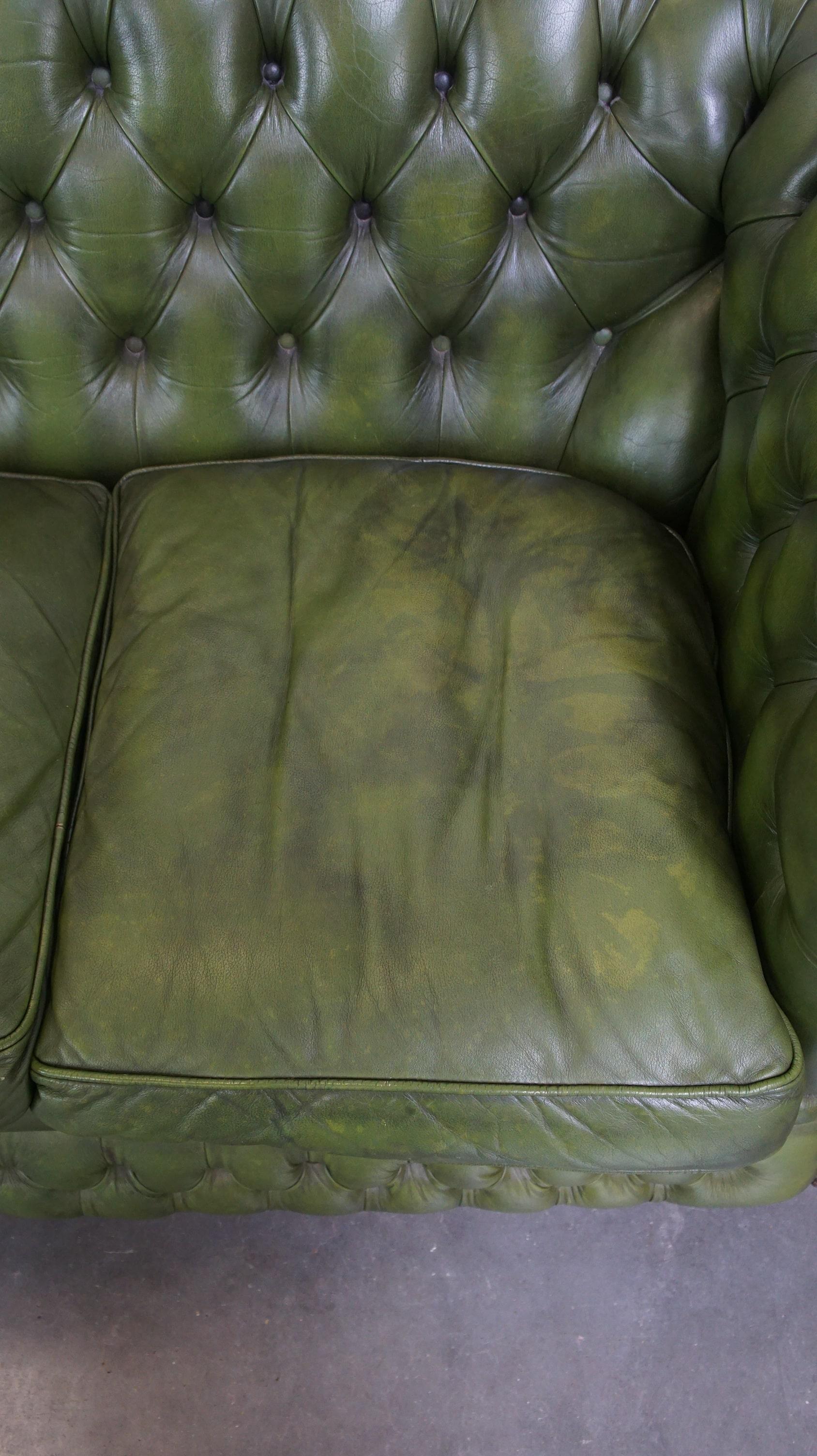 Comfortable, green, cowhide leather spacious 3-seater English Chesterfield sofa 2