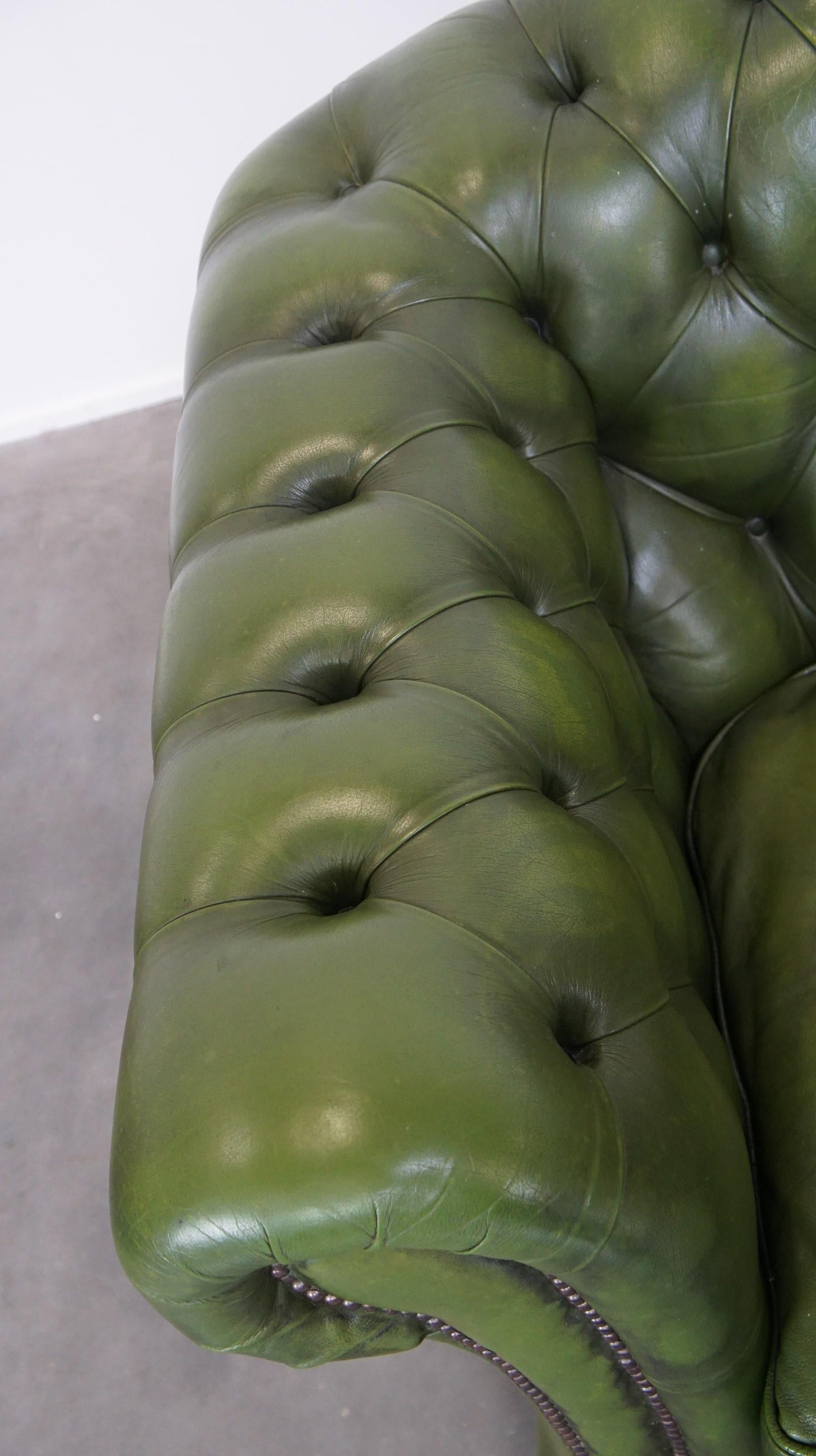 Comfortable, green, cowhide leather spacious 3-seater English Chesterfield sofa 3