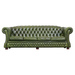 Comfortable, green, cowhide leather spacious 3-seater English Chesterfield sofa