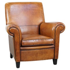 Comfortable, large vintage cognac-colored sheepskin armchair with a sleek finish