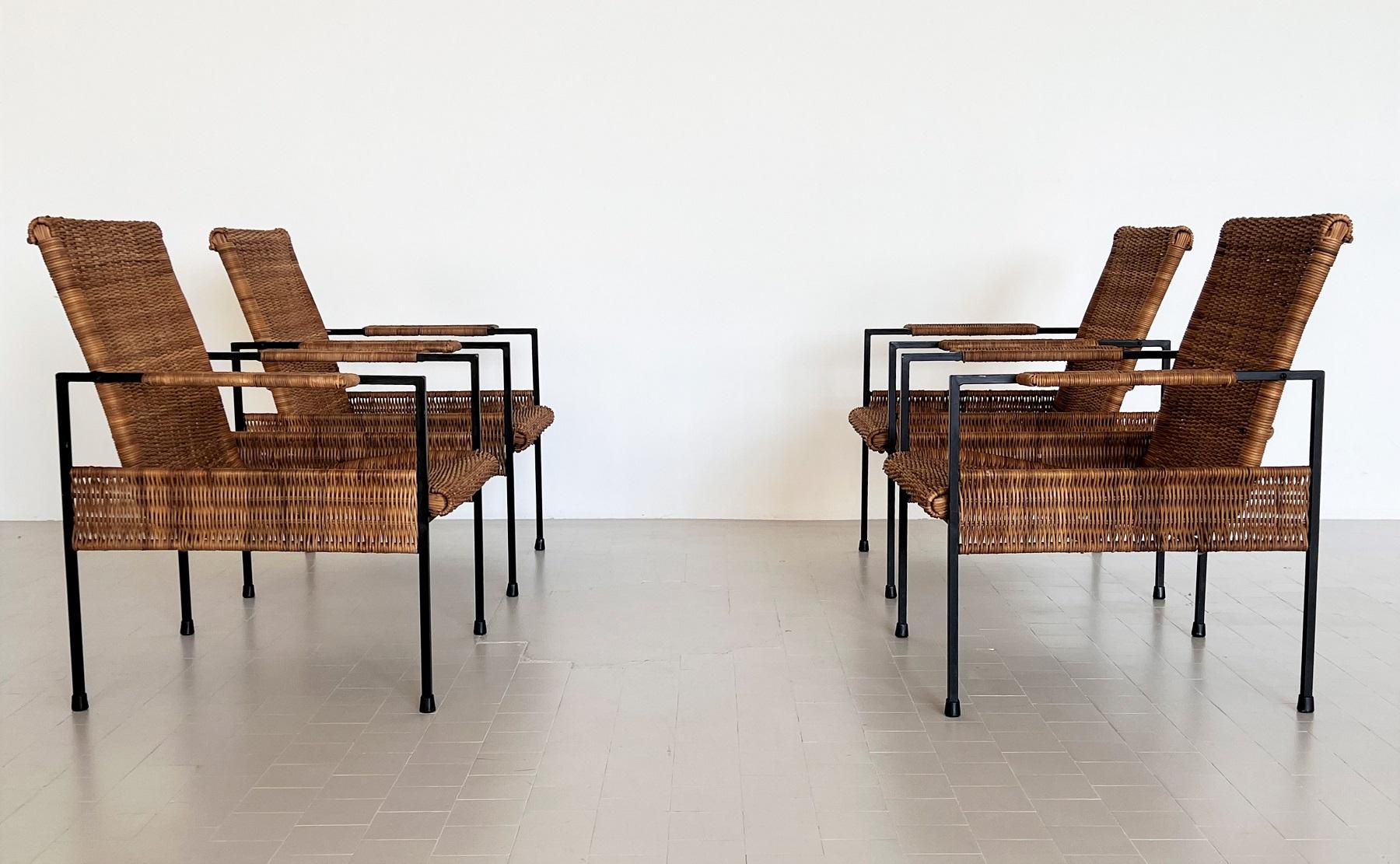 Italian Comfortable Midcentury Rattan Wicker and Iron Lounge Chairs, set of 4 For Sale 5