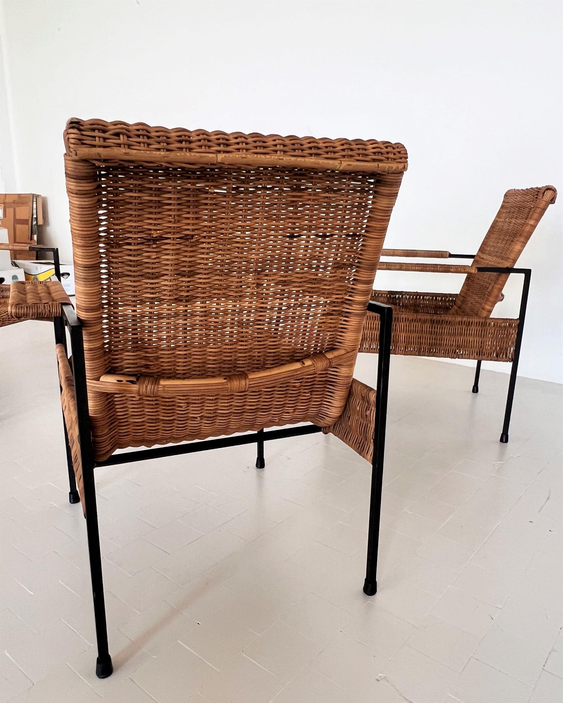 Italian Comfortable Midcentury Rattan Wicker and Iron Lounge Chairs, set of 4 For Sale 12