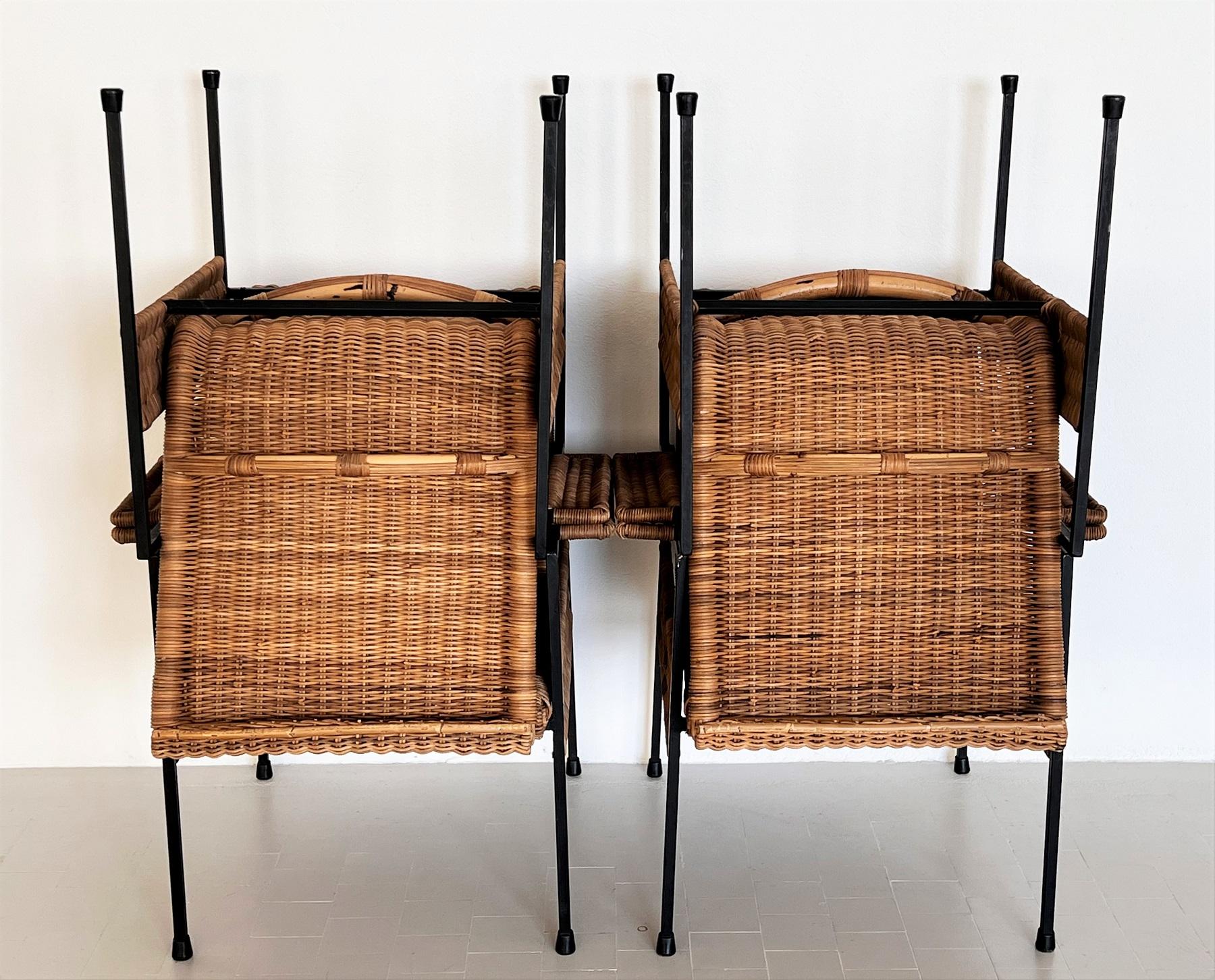 Italian Comfortable Midcentury Rattan Wicker and Iron Lounge Chairs, set of 4 For Sale 13