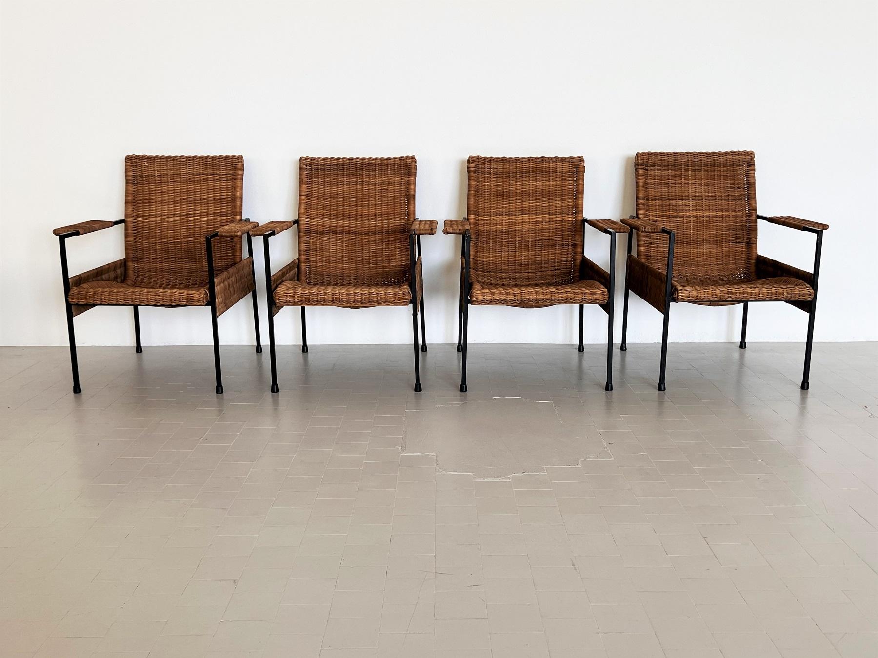 Mid-Century Modern Italian Comfortable Midcentury Rattan Wicker and Iron Lounge Chairs, set of 4 For Sale