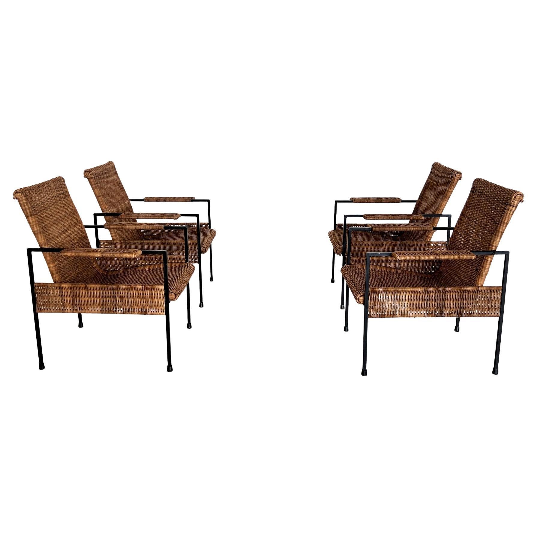 Italian Comfortable Midcentury Rattan Wicker and Iron Lounge Chairs, set of 4 For Sale