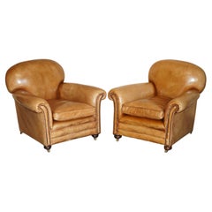 COMFORTABLE PAIR OF ANTiQUE CHESTERFIELD VICTORIAN BROWN LEATHER CLUB ARMCHAIRS