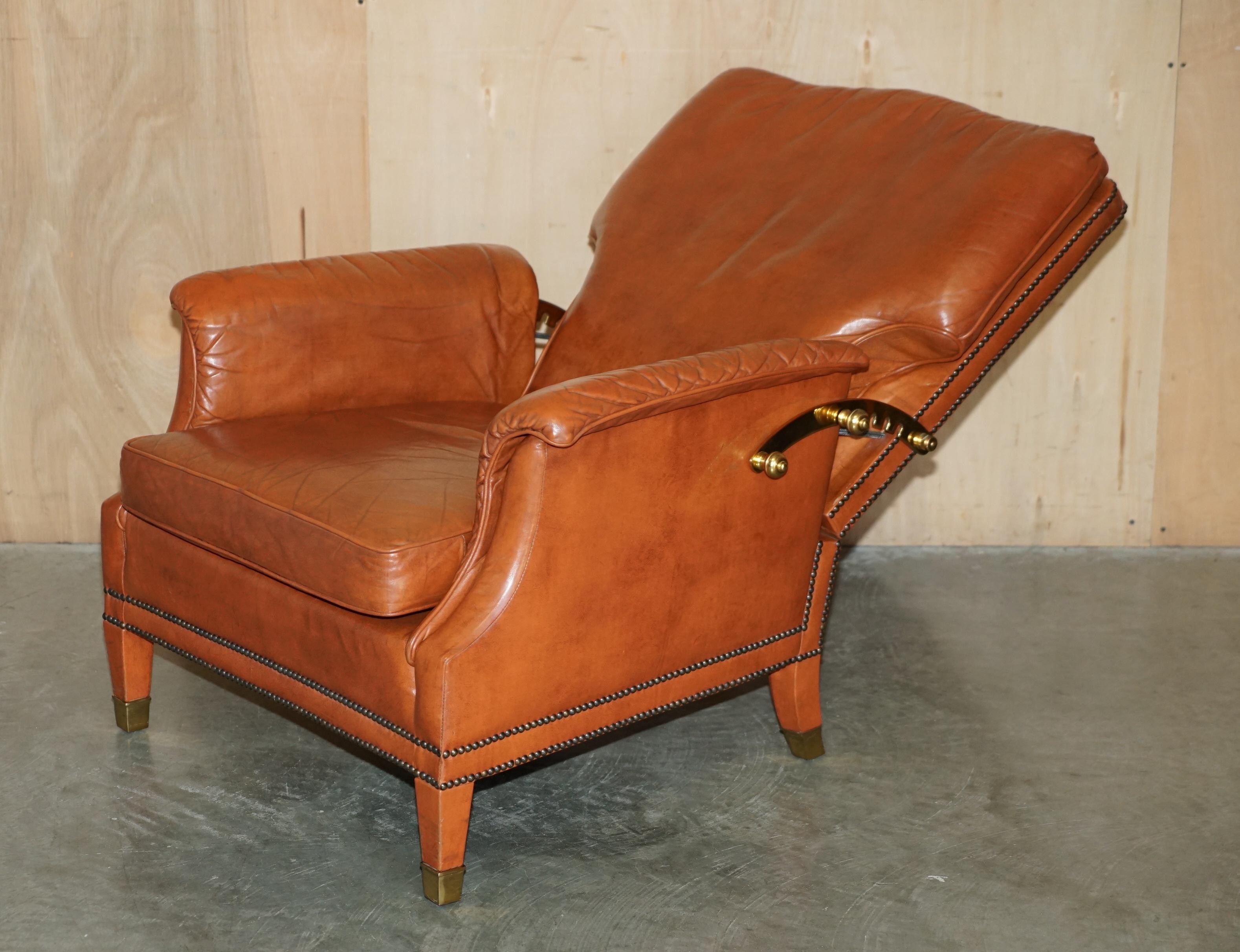 COMFORTABLE PAiR OF FRENCH NEOCLASSICAL STYLE LEATHER & BRASS RECLINER ARMCHAIRS For Sale 9