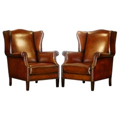 Comfortable Pair of Nice Vintage Restored Wingback Armchairs Cigar Brown Leather