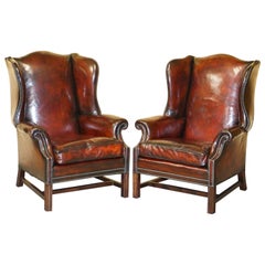 Comfortable Pair of Nice Vintage Restored Wingback Armchairs Rich Brown Leather