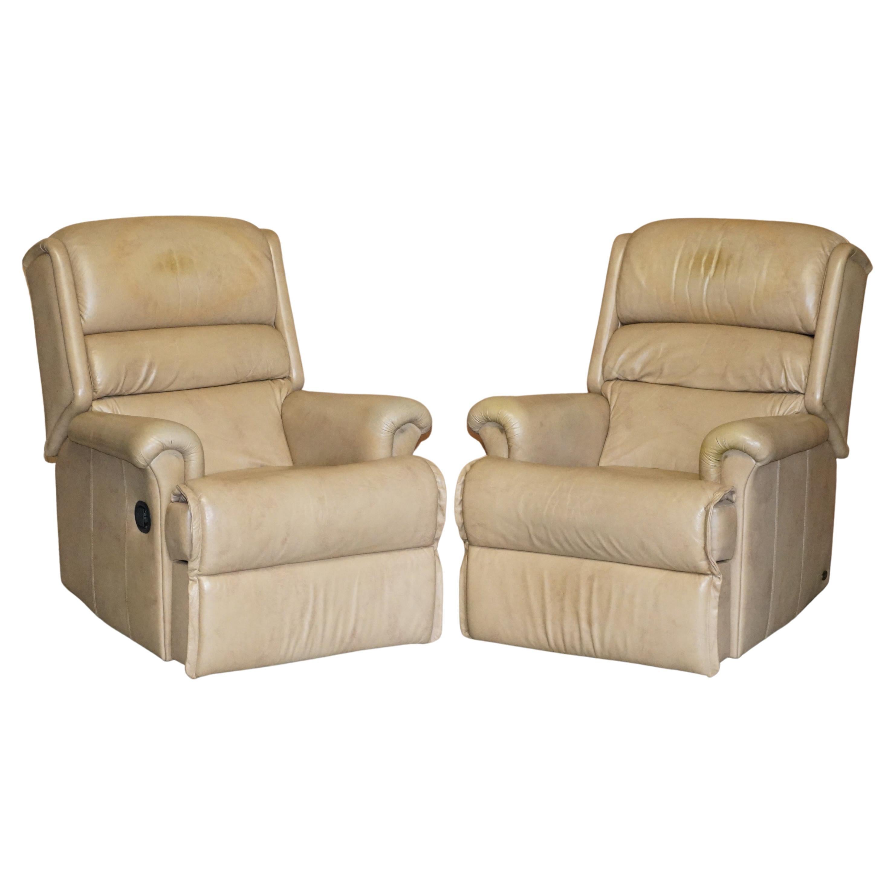 Comfortable Pair of Sherborne Nevada Reclining Armchairs in Leather For Sale