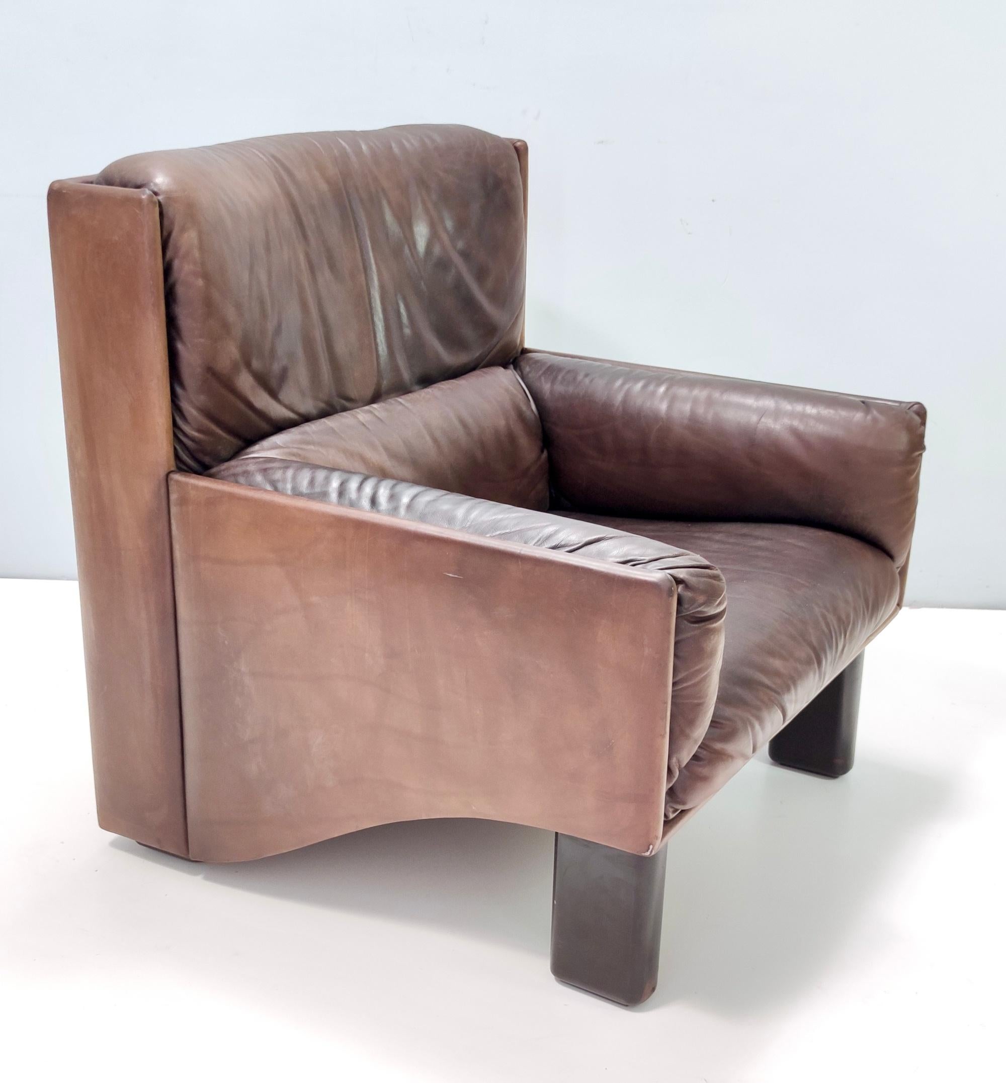 Italian Comfortable Postmodern Brown Leather Armchair, Italy For Sale