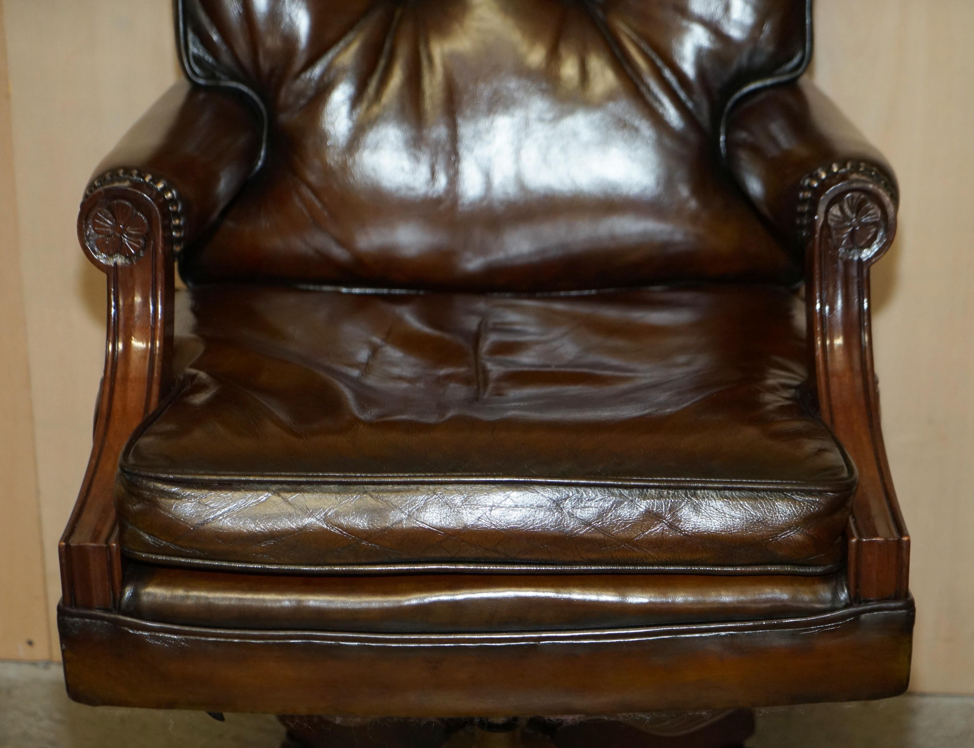 English Comfortable Restored Hand Dyed Cigar Brown Leather Directors Captains Chair