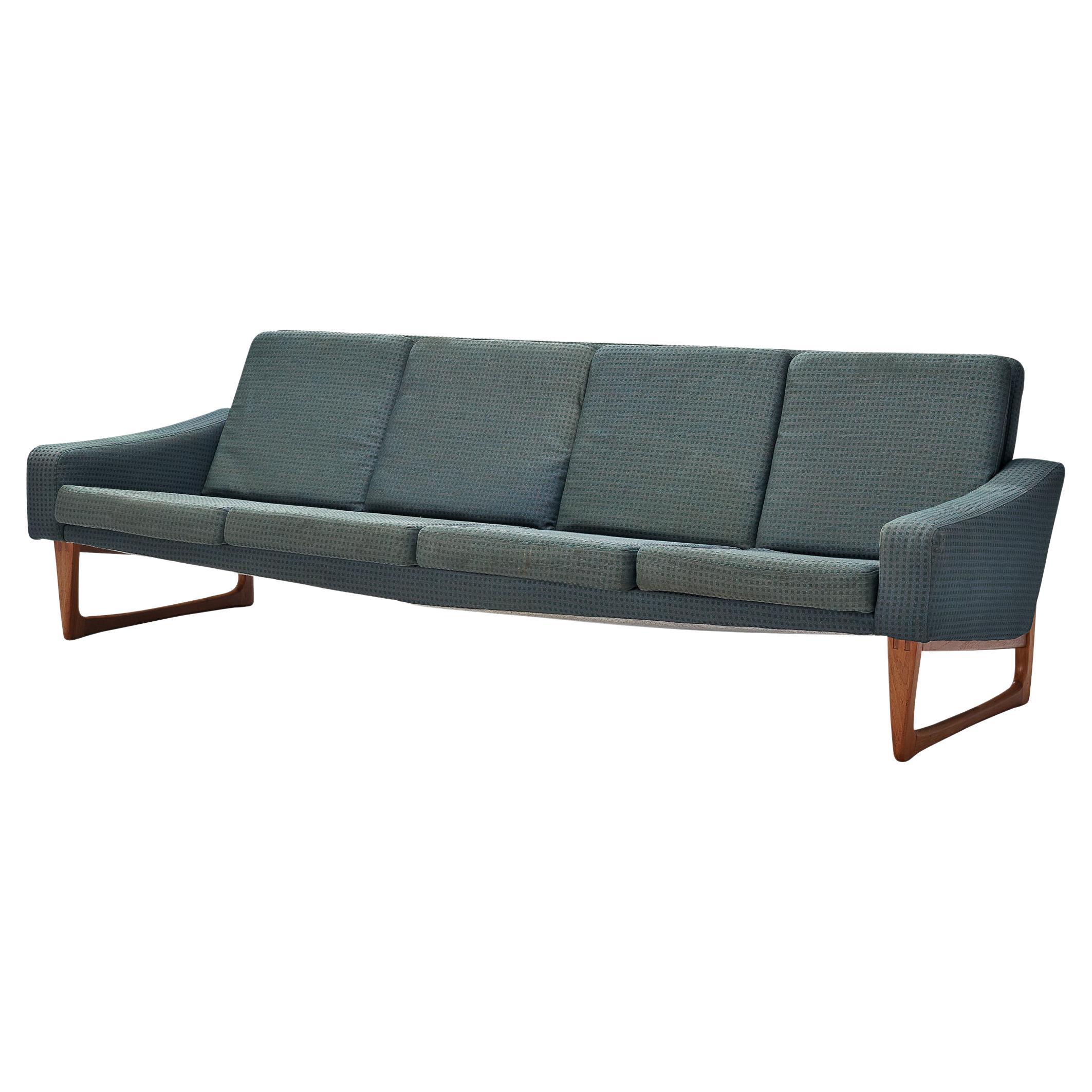 Comfortable Four Seat Sofa in Teak and Blue Upholstery