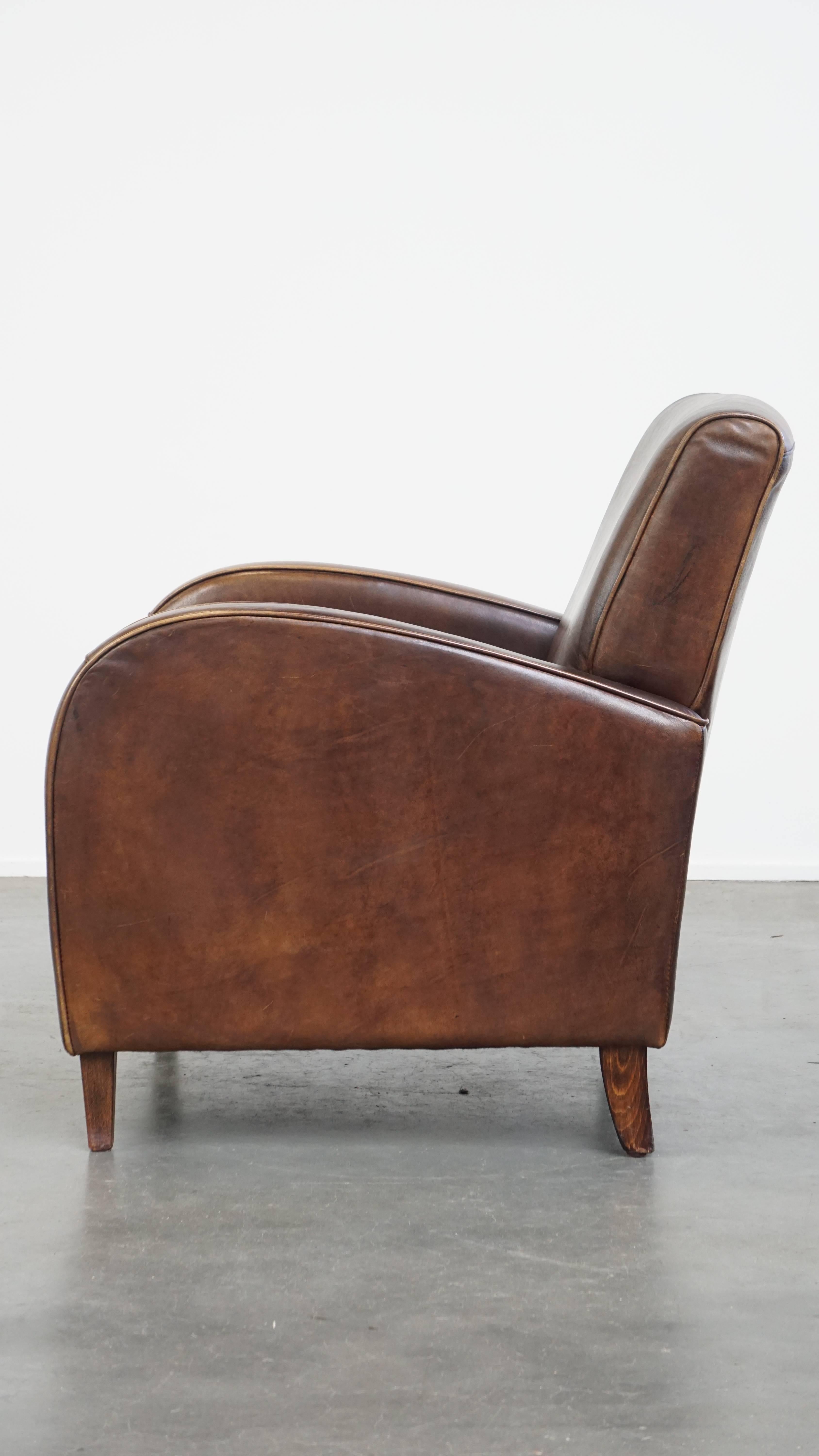 Comfortable Sheepskin Leather Armchair with a Beautiful Patina In Good Condition For Sale In Harderwijk, NL