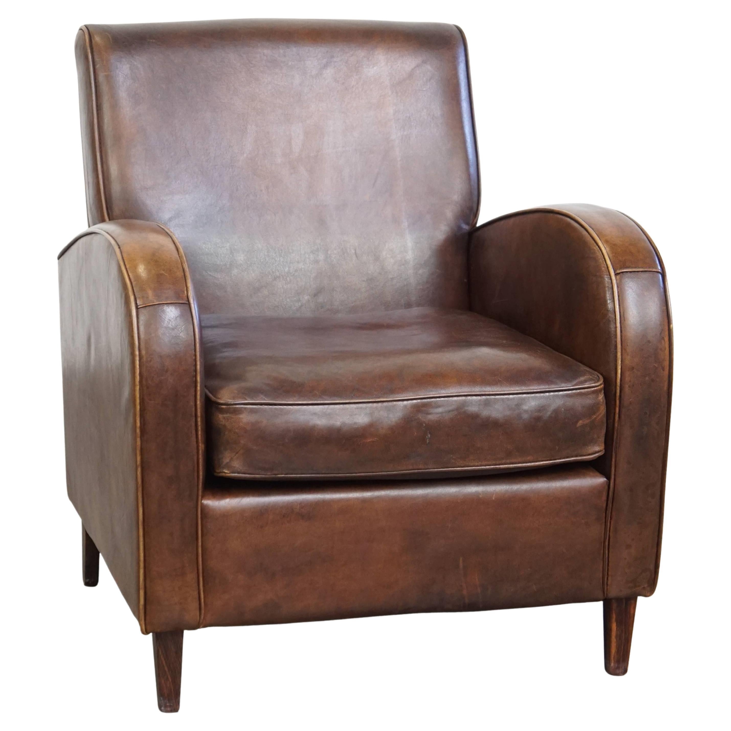 Comfortable Sheepskin Leather Armchair with a Beautiful Patina
