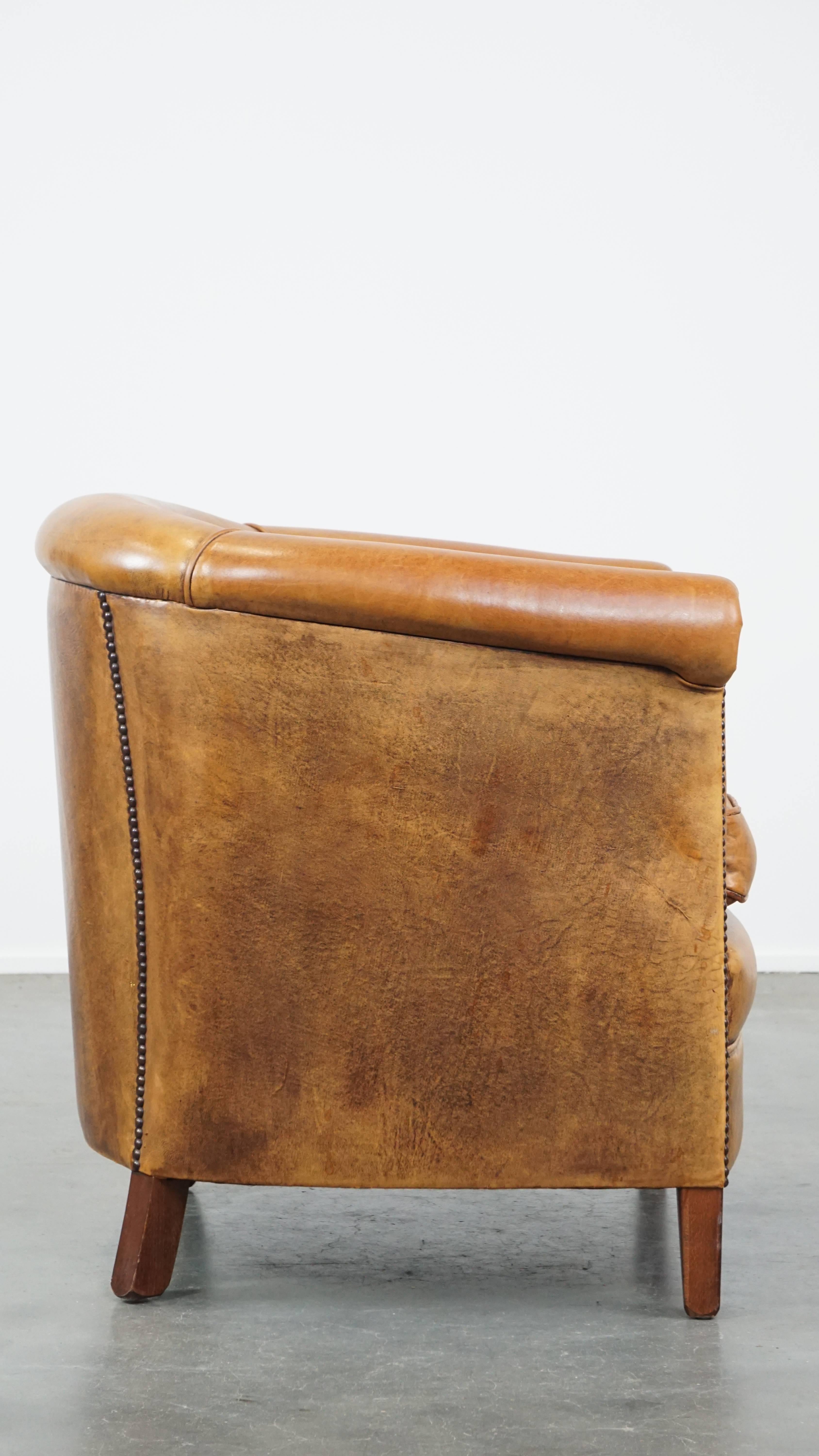 Classical Roman Comfortable Sheepskin Leather Club Chair in a Beautiful Light Cognac Color For Sale