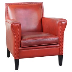 Comfortable, stylish red-painted armchair made of sheepskin